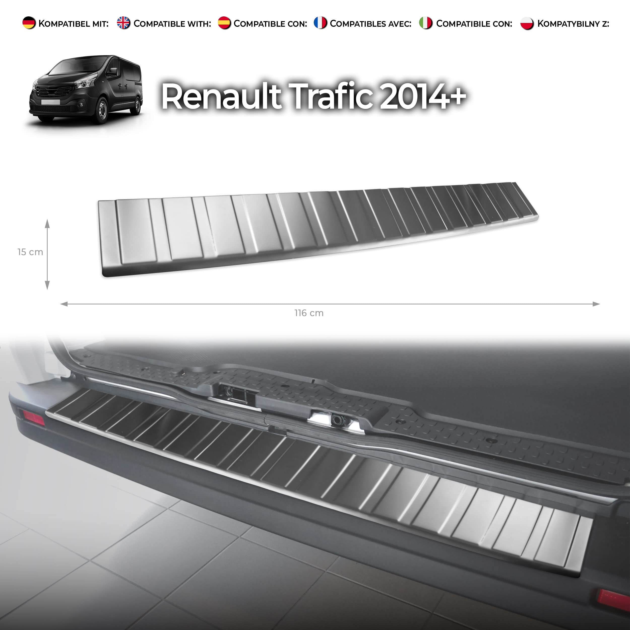 CHROMEMASTER - Accessori per Auto; Protezione paraurti Posteriore - Compatibile con Renault Trafic dal 2014 | Acciaio inossidabile spazzolato - Protezione Paraurti Protegge la Vernice del Paraurti