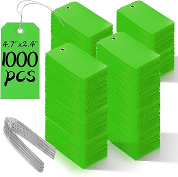 1000 Pieces Plastic Shipping Tags with Wire Labeling Tags Waterproof Hang Tags with Reinforcement Hole Writable Luggage tag Loops for Equipment Inventory Parts Garage Green, 4 3/4" x 2 3/8"