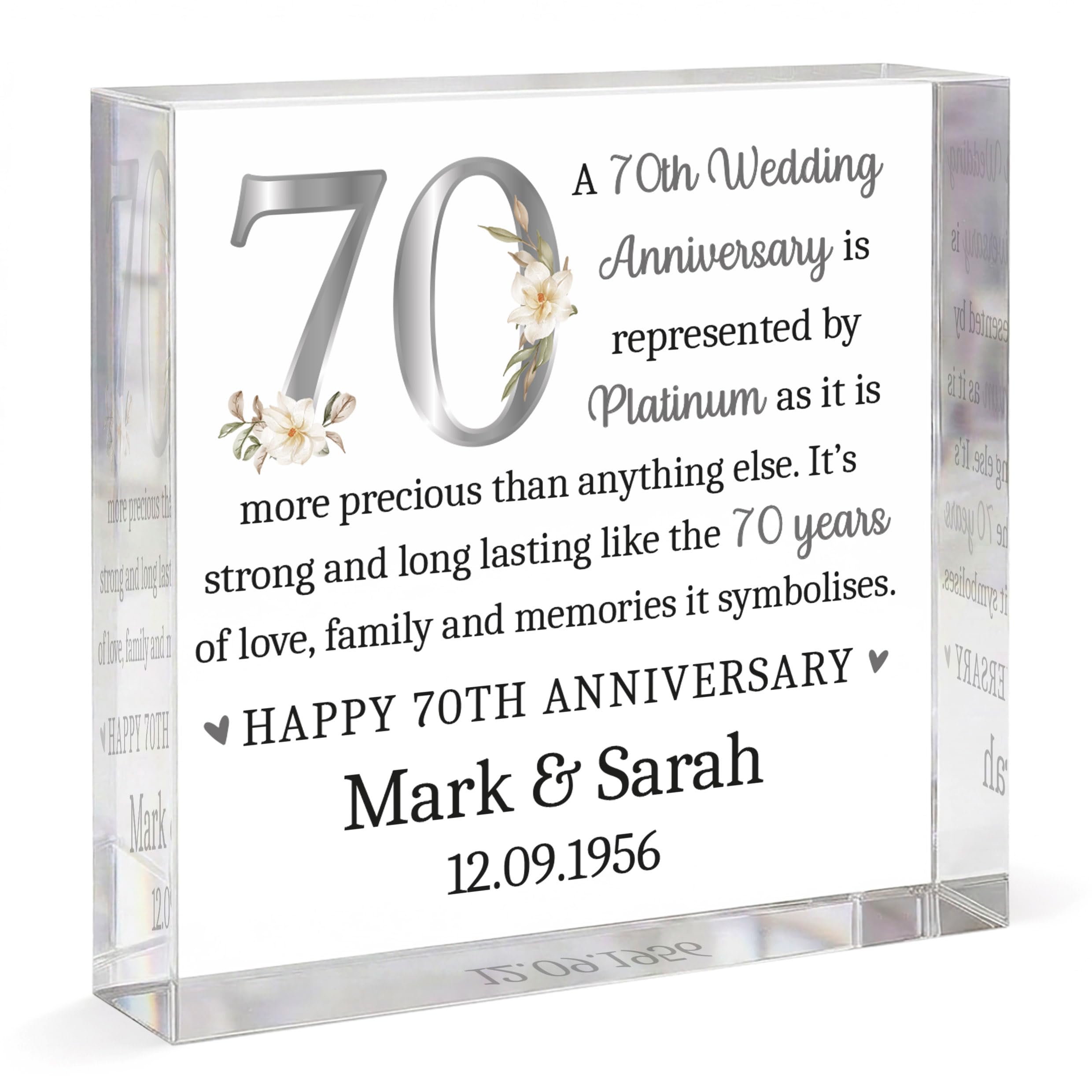 Beecreative Personalised Platinum 70th Anniversary - Gifts - Clear Acrylic Plaque Keepsake - 70 Years Married Keepsake - With Grey Bag