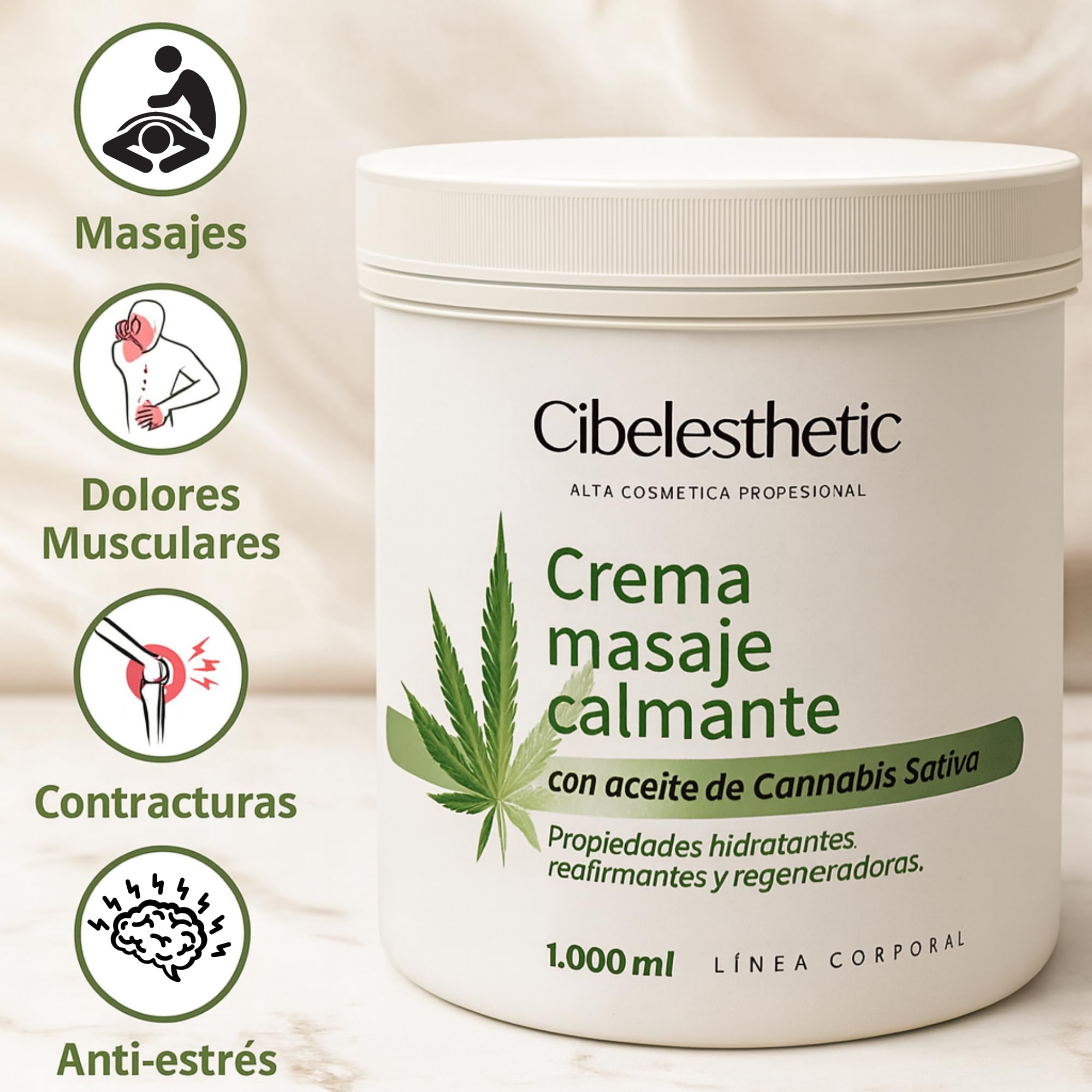 Crema CBD para masaje calmante 1000ml - Crema cannabis dolores articulares y antiinflamatoria - Masaje relajante y anti-estrés - Aporta propiedades hidratantes y regeneradoras a la piel Cibelesthetic