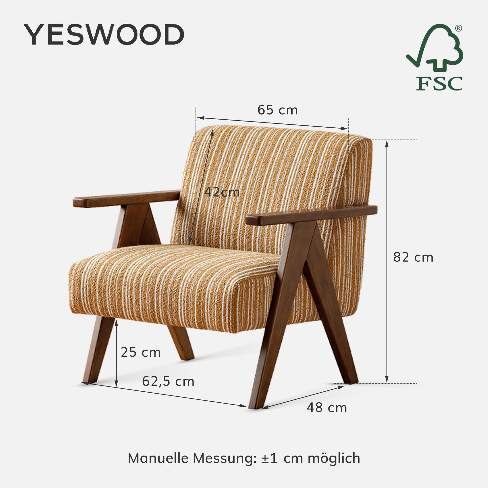 YESWOOD Sessel Wohnzimmer, Gepolsterter Loungesessel mit Massivholzrahmen, Stilvoller Lesesessel für Wohnzimmer, Schlafzimmer & Balkon, Gelb/Weiß Streifen – 79T x 74B x 82H cm