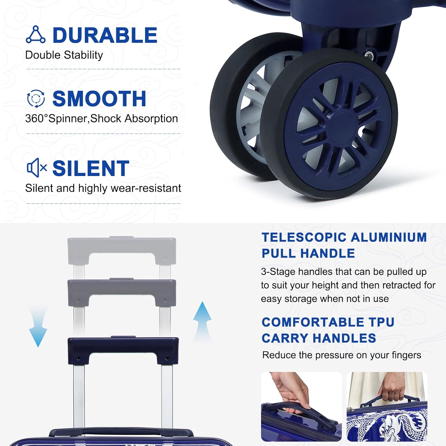 Somago Carry on 2 Piece Luggage Set 20 inch Airline Approved 100% PC Hardside Lightweight Travel Suitcase with Wheels TSA Lock YKK Zippers Loong Cultural Design(14"/20", Loong Navy)