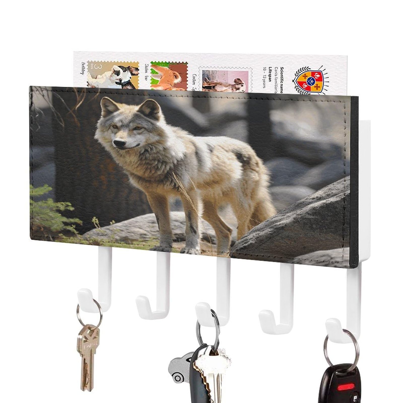 Fekiloot White-Style Wildlife Wolf Key Holder Wall Mount Key Hanger With 5 Hooks Decorative Key Rack Hanging Key Hooks With Mail Organizer Key Holder For Wall Living Room Kitchen Bathroom Hallway White