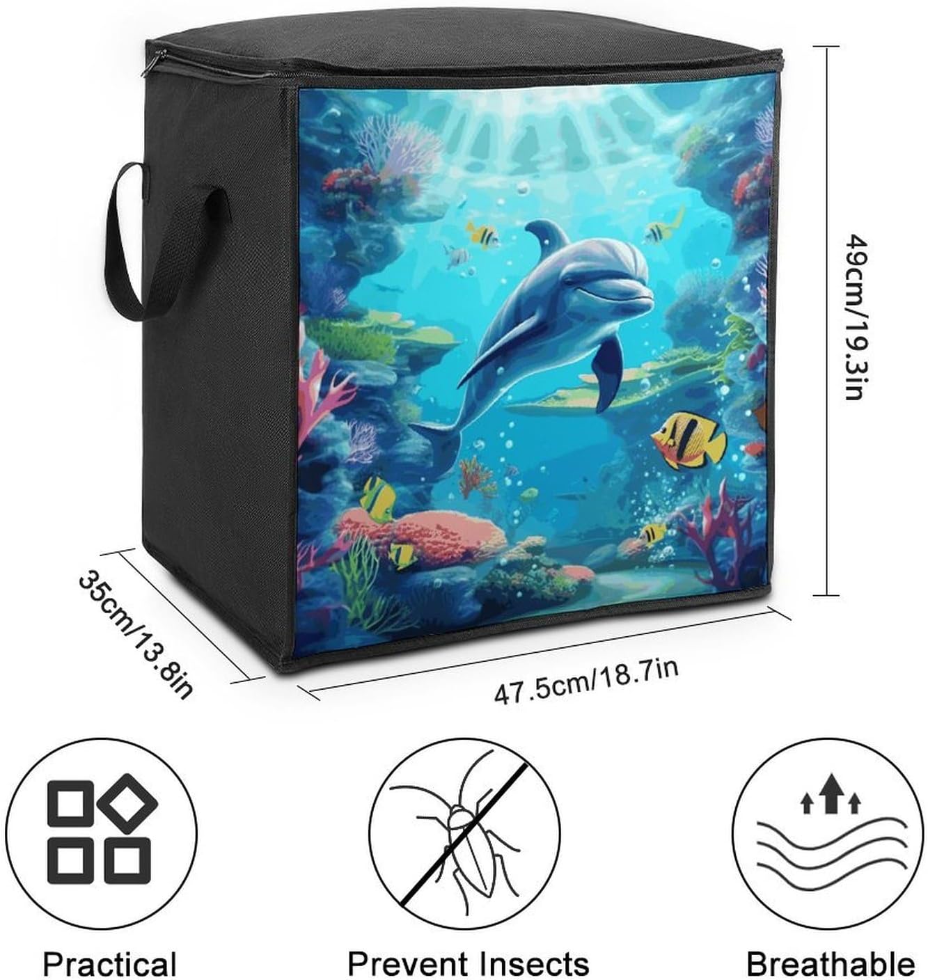 Ocean Underwater Dolphin Fish Storage Bags Moving Bags Storage Bins | Comforter Storage Bag Reinforced Handles & Zippers Foldable Closet Organizers and Storage for Blanket Pillow Clothes