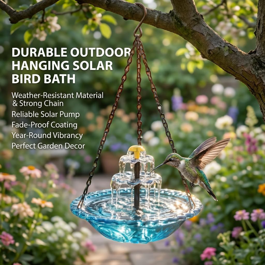 Solar Cascade Hanging Bird Bath Fountain, Hanging Solar Bird Bath, Hanging Bird Bath Fountain for Garden Outdoor, Decorative Outdoor Bird Feeder Water Bowl for Patio Yard Balcony Tree Decor (Blue)