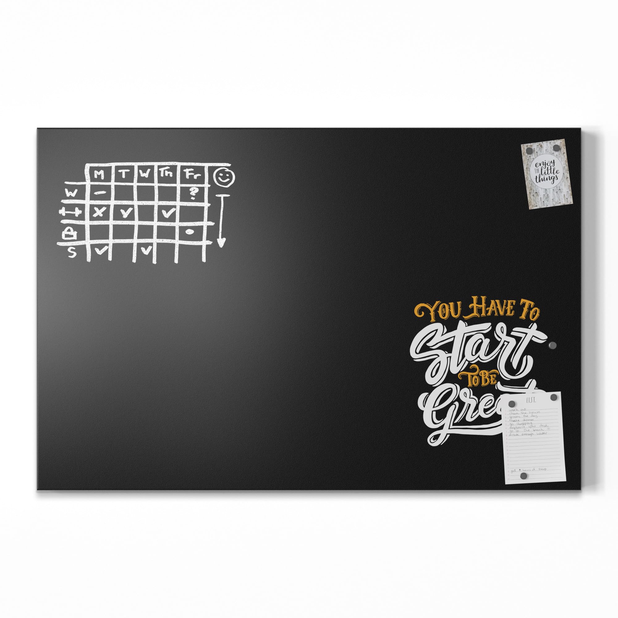 DEQORI Magnetyczna tablica do pisania kredą z nadrukiem UV | motyw "Ohne Start keine Ziel" | prostokątna tablica o wymiarach 90 x 60 cm | metalowa tablica kredowa do pisania – dekoracja ścienna do