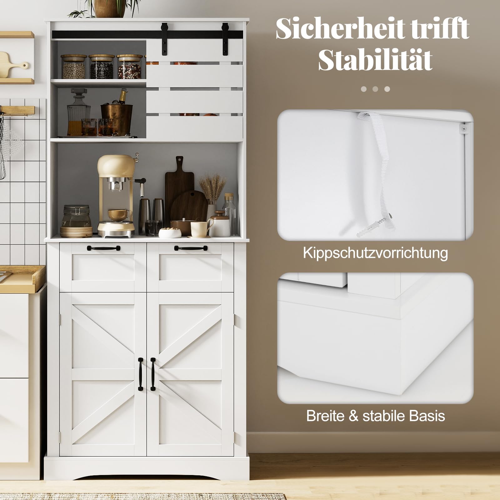 COSTWAY Küchenschrank Holz, Buffetschrank mit Steckdose, 2 Türen, 2 Schubladen & Arbeitsplatte, Hochschrank Vorratsschrank, Aufbewahrungsschrank für Küche & Wohnzimmer, 80 x 40 x 180 cm, Weiß