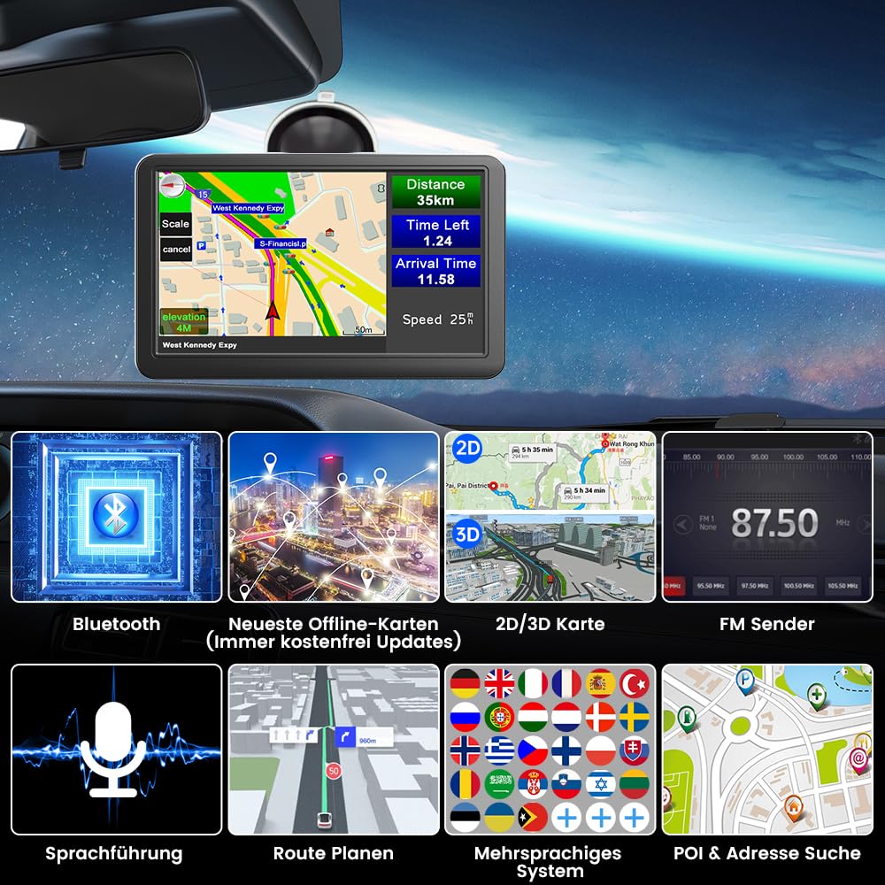 AWESAFE Navigationsgerät für Auto mit Bluetooth, 7 Zoll Touchscreen, 2024 Europa Karten unterstützt Karteupdate, GPS Navigation für Auto PKW KFZ LKW
