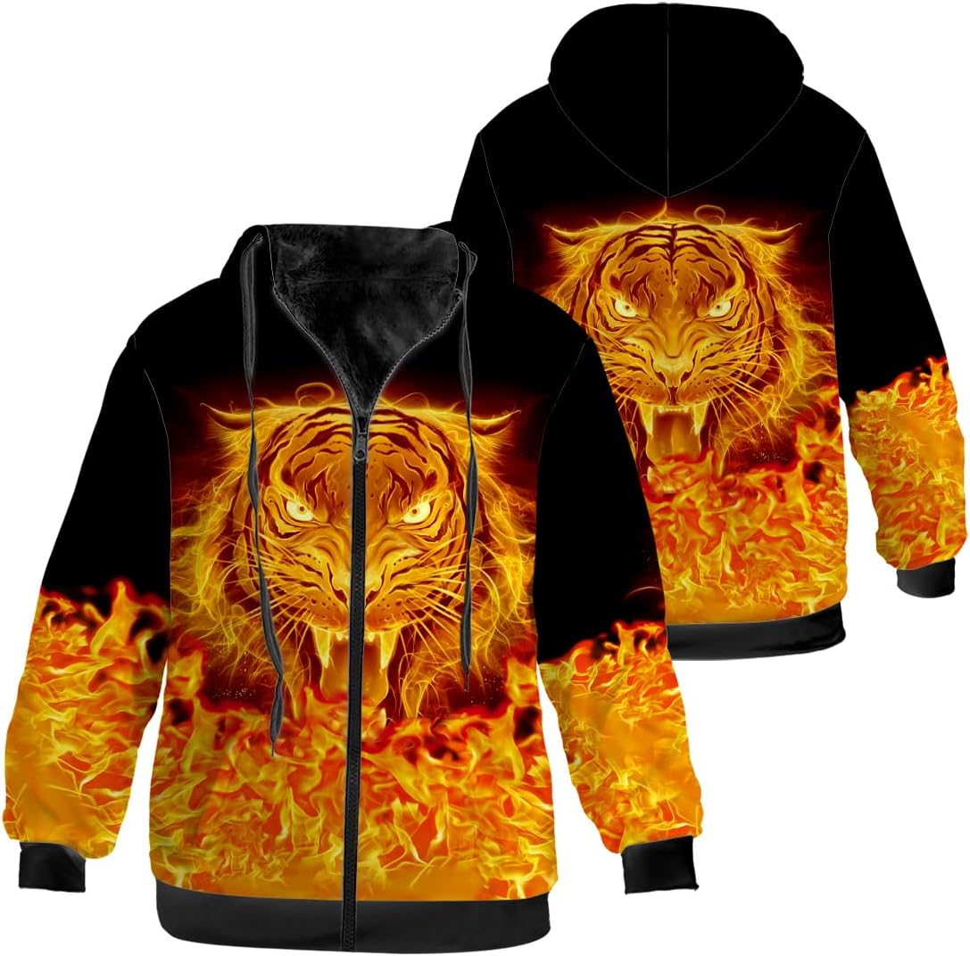 Men's Flame Fleece Jacket Animal Full Zip Up Hoodie Sweatshirt Warm Hooded Winter Coat Funny Gifts for Him Her