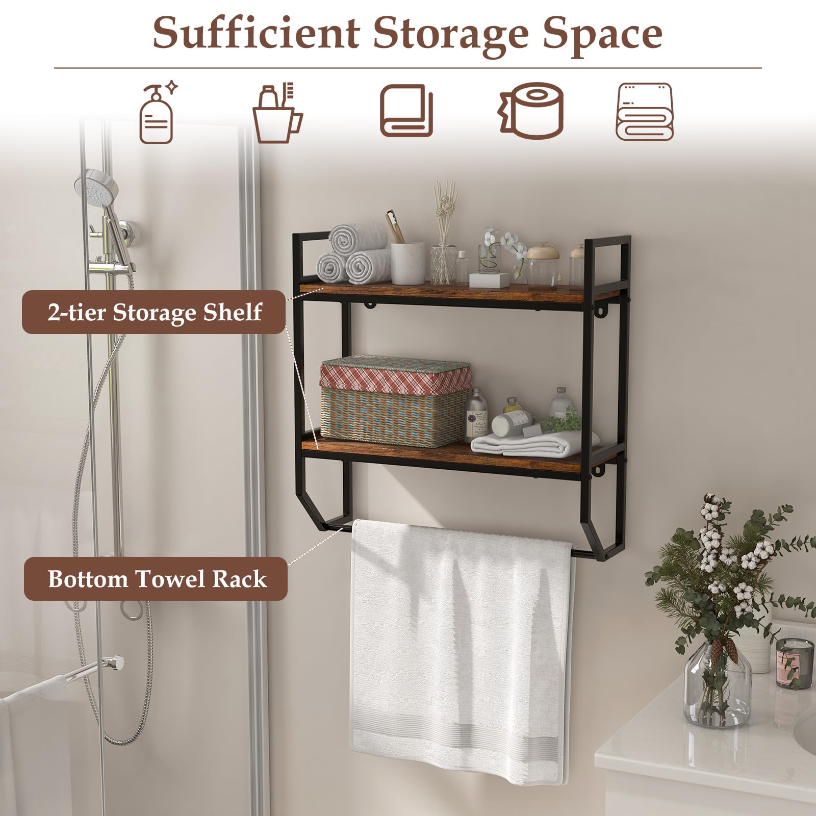 LIFEZEAL Scaffale da parete per riporre il bagno, in legno e metallo, con 2 livelli, carico di 20 kg, porta asciugamani WC, organizer per soggiorno, cucina, marrone rustico