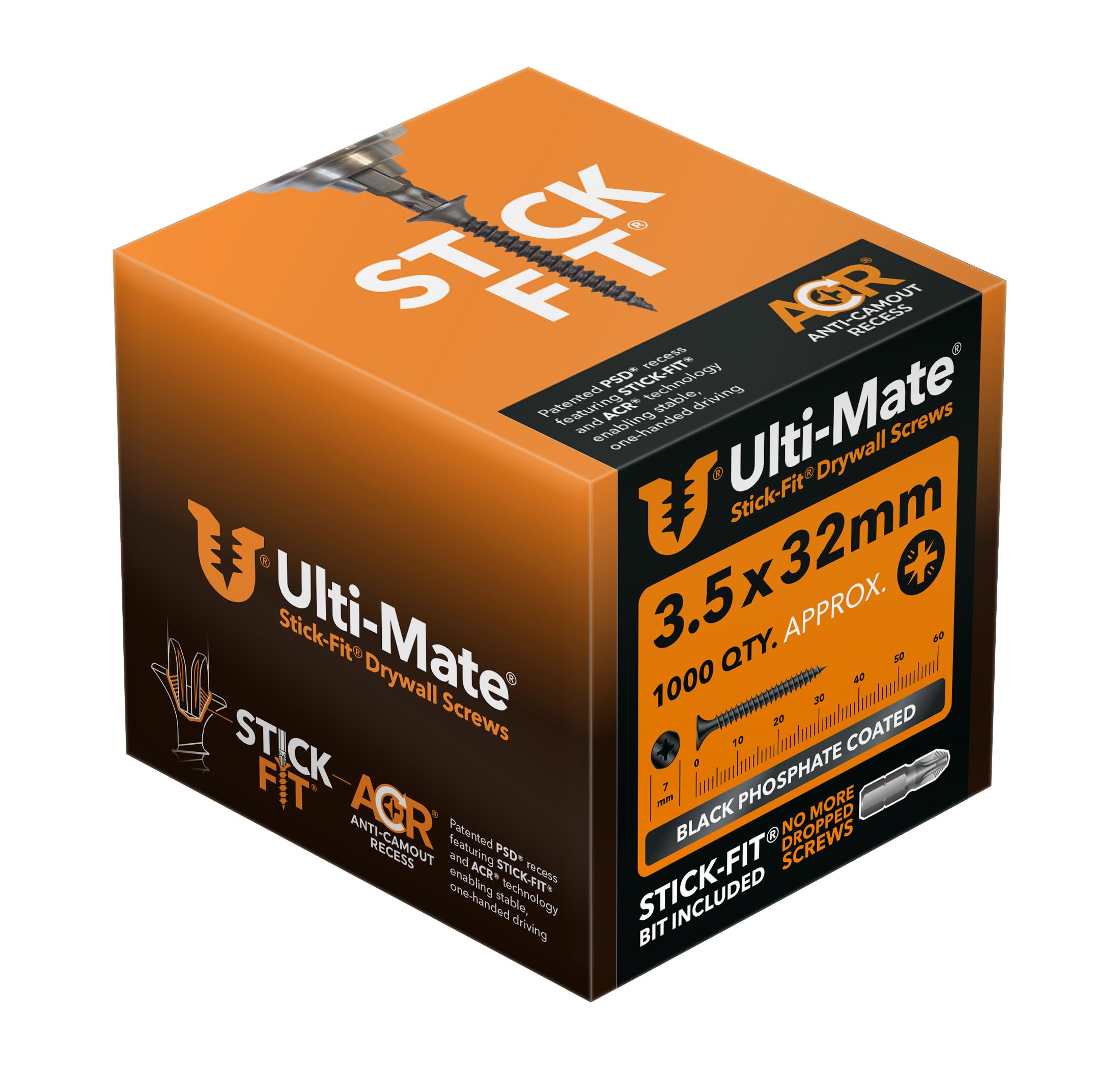 Ulti-Mate Stick-Fit Drywall Screws - 3.5 x 32mm (1000 pcs), Black
