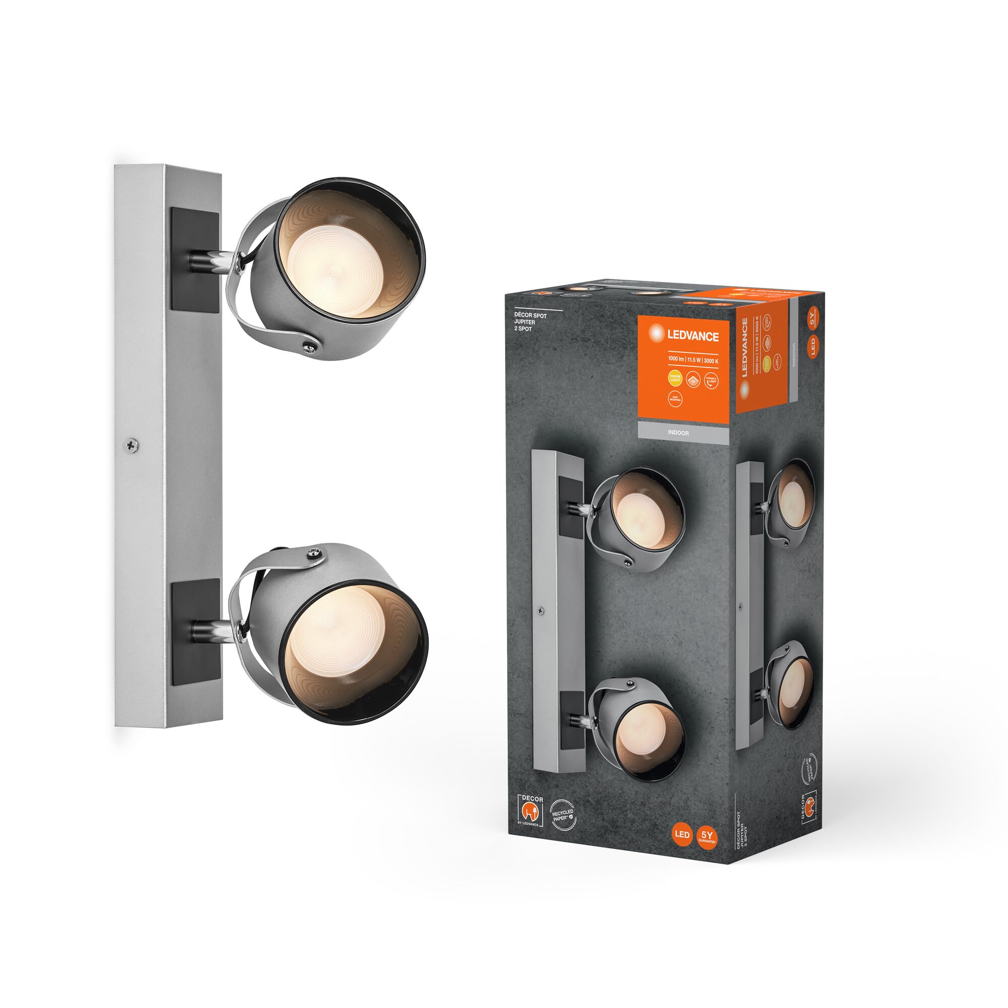 LEDVANCE Decor SPOT Jupiter, 11.5W, 410lm, Silver, Spotlight, Adjustable Heads, Versatile, Indoor spot, Warm White Light Color, high-Quality Optics, Easy Installation
