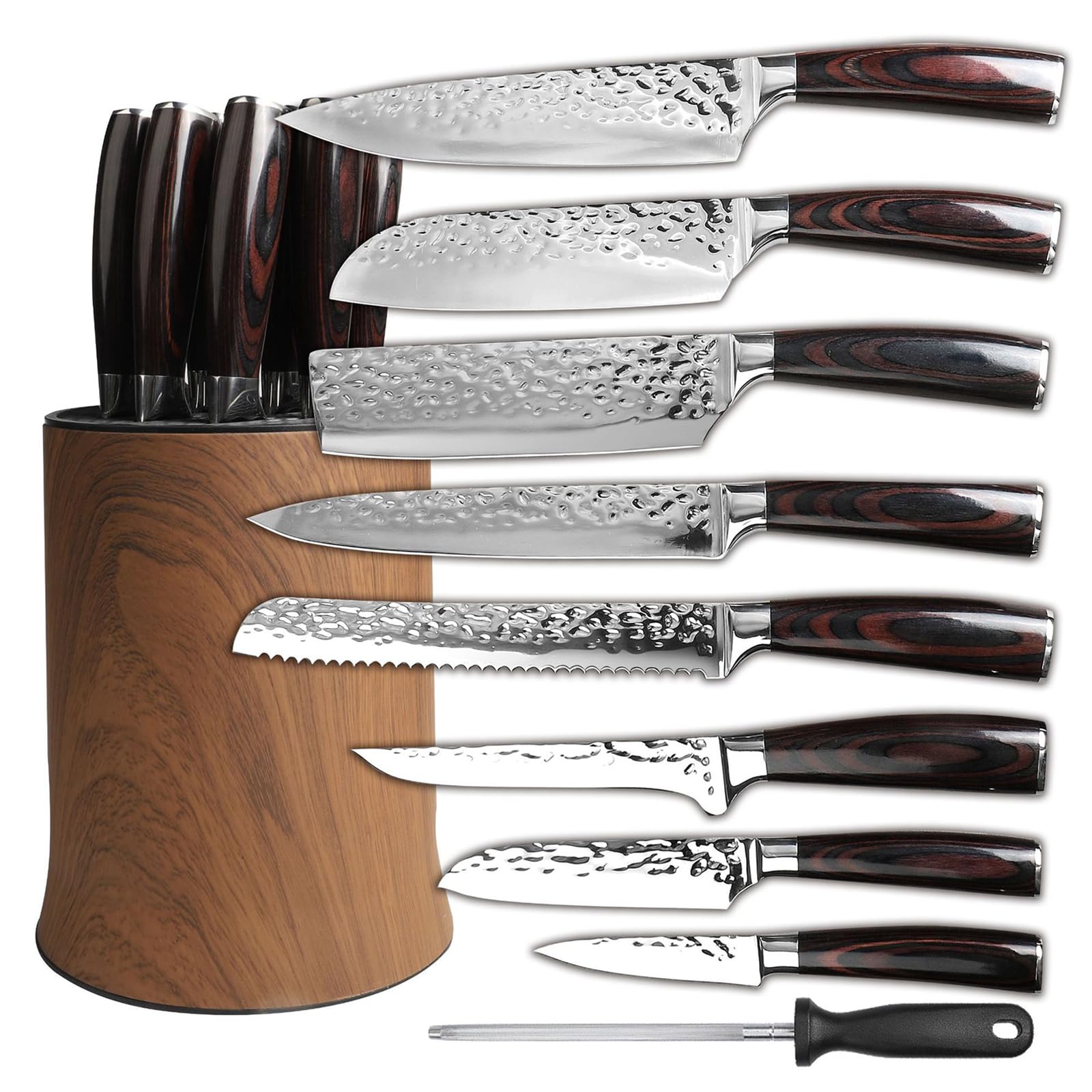 10-piece Damascus Knife Set with Block includes Knife Sharpener and Knife Holder Kitchen Utensils Set Olive Solid Wood
