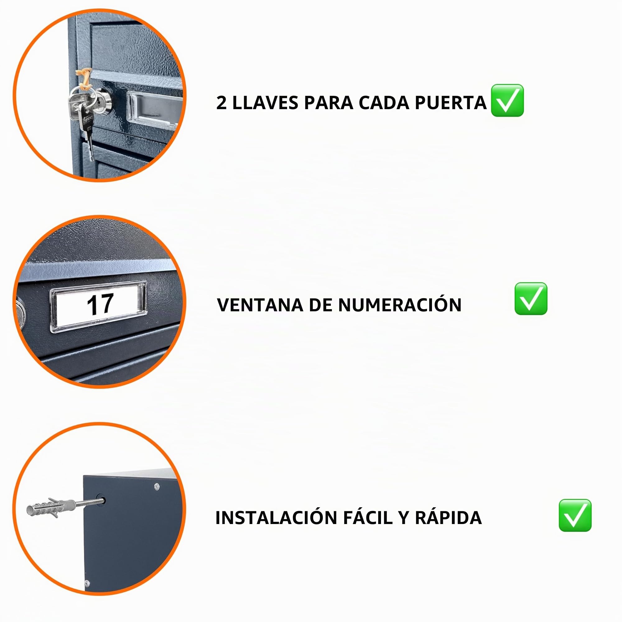 3 buzones de Correos para condominios GDS RAL 7016 20cm Profundidad | Buzones colectivos, para interiores, compatibles con formato A4, acero galvanizado, dos llaves incluidas, montaje en pared.