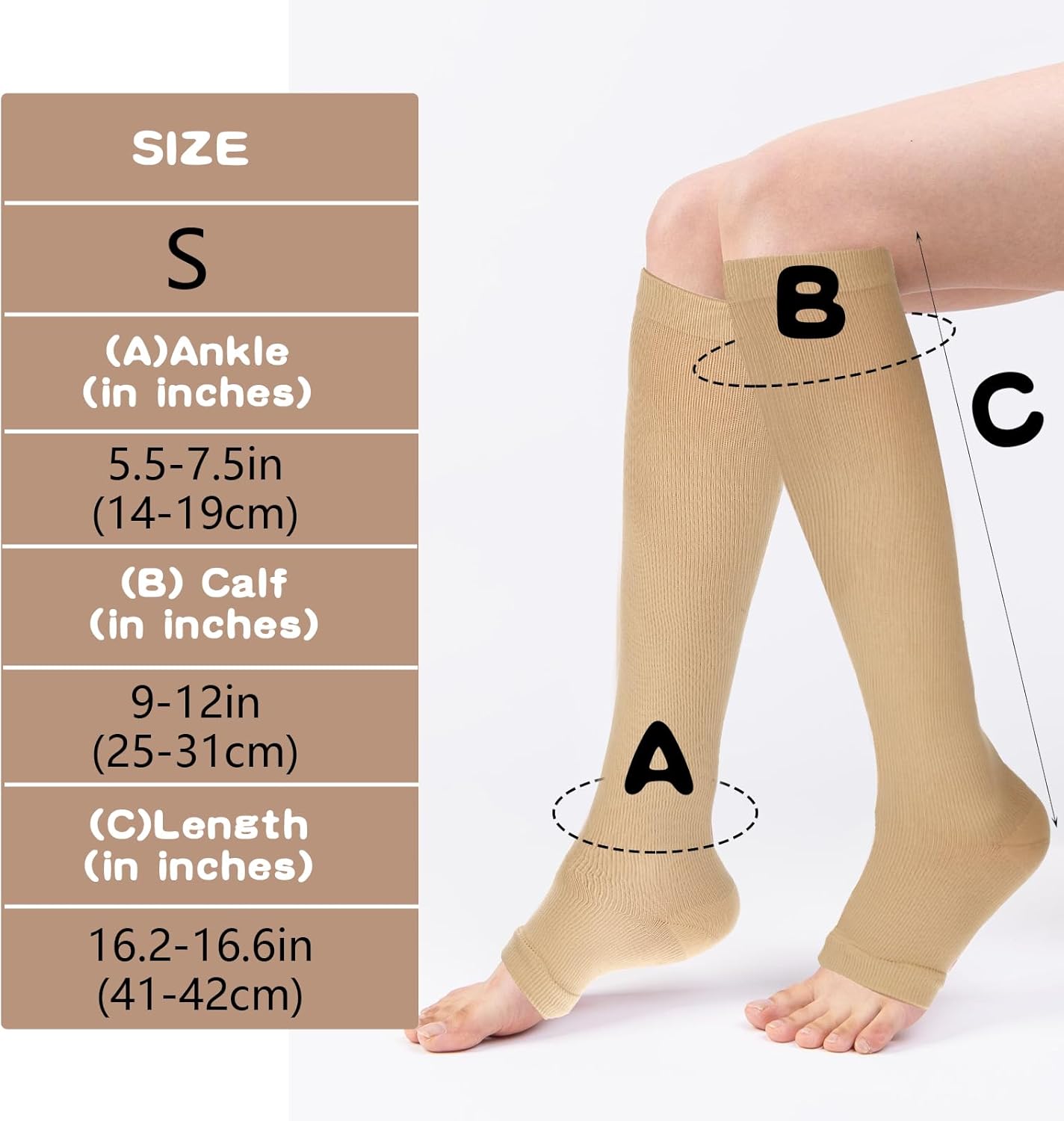 Open Toe Compression Socks for Women & Men, 2 Pairs Toeless Compression Socks 15-20 mmHg Knee High Stockings for Circulation Support, Medium, Beige/Black - Image 2