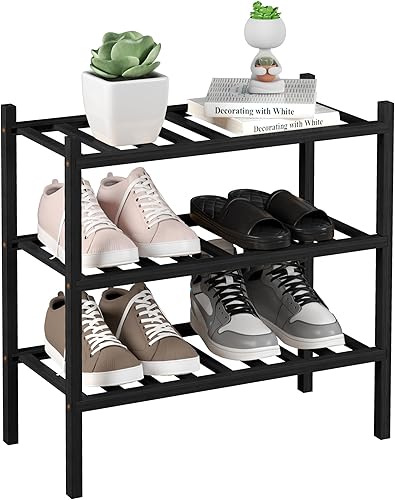 Miniatura 8 de Zapatero de bambú de 4 niveles para armario, estante de zapatos de madera para entrada, espacio pequeño, apilable de 27 x 11 x 26 pulgadas (negro)