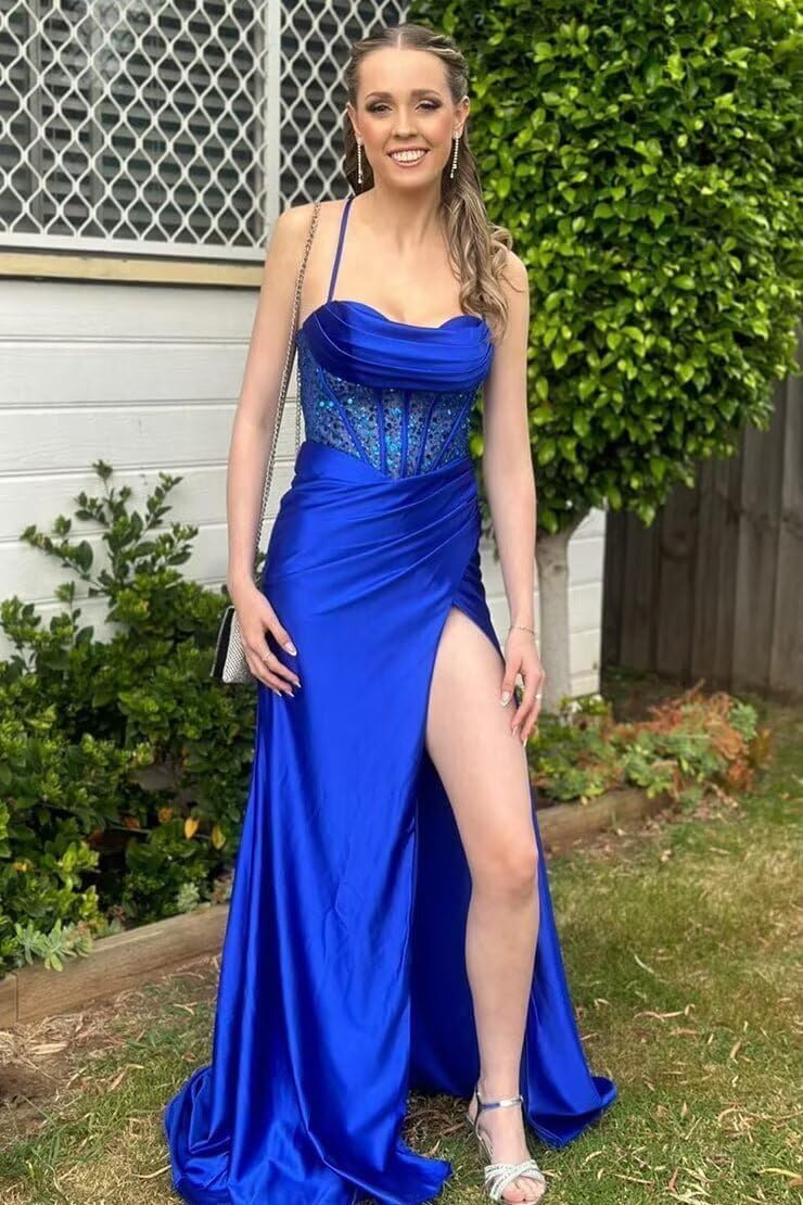 Sparkly Satin Mermaid Prom Dresses Long 2026 Spaghetti Straps Corset Formal Evening Gowns Wedding Party Dress with Slit