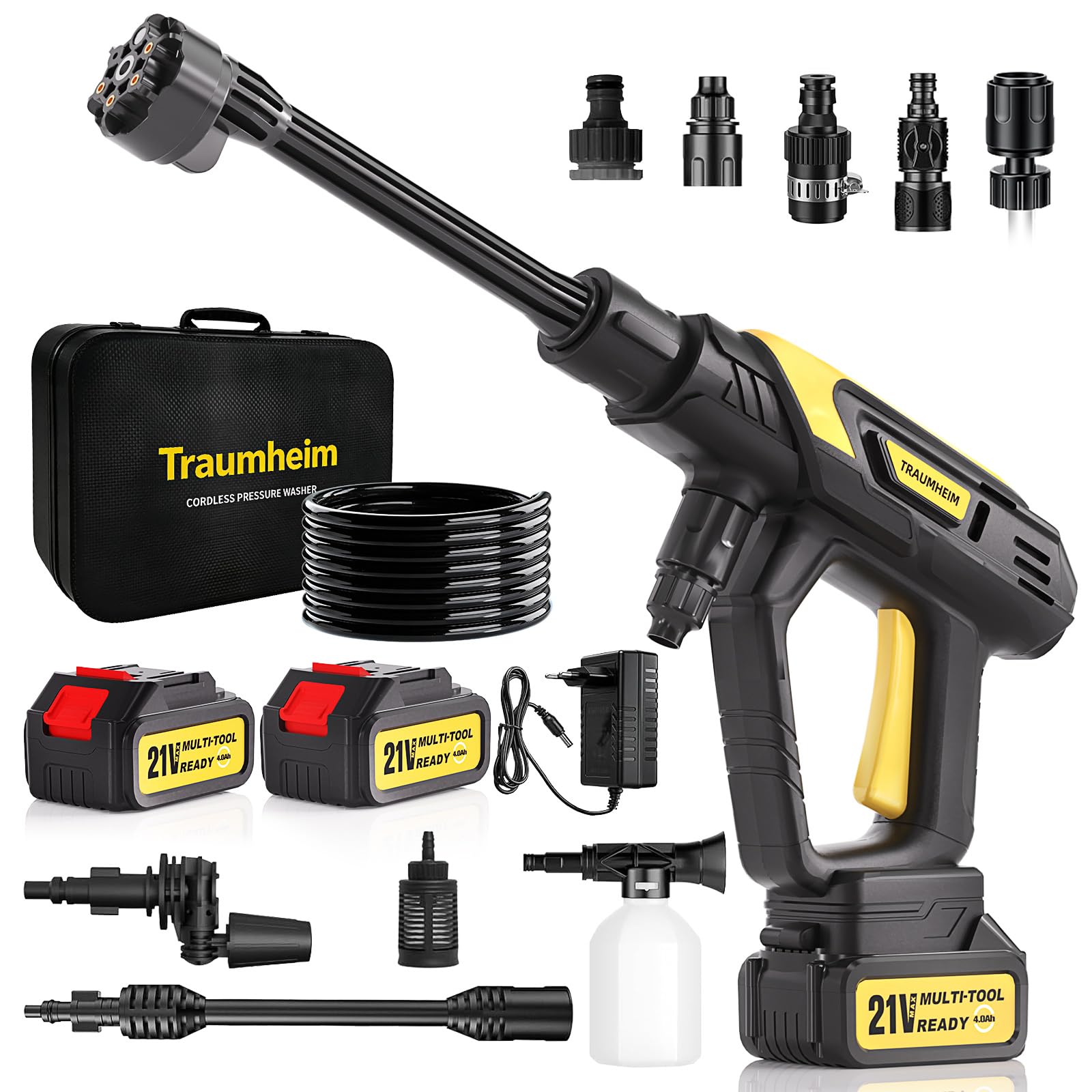 Hidrolimpiadora de Alta Presion 21V/68Bar/990PSI - 2X Batería 4000mAh - Set Completo 17 Piezas - Limpiadora Portátil Multiusos para Coche, Terraza, Jardín