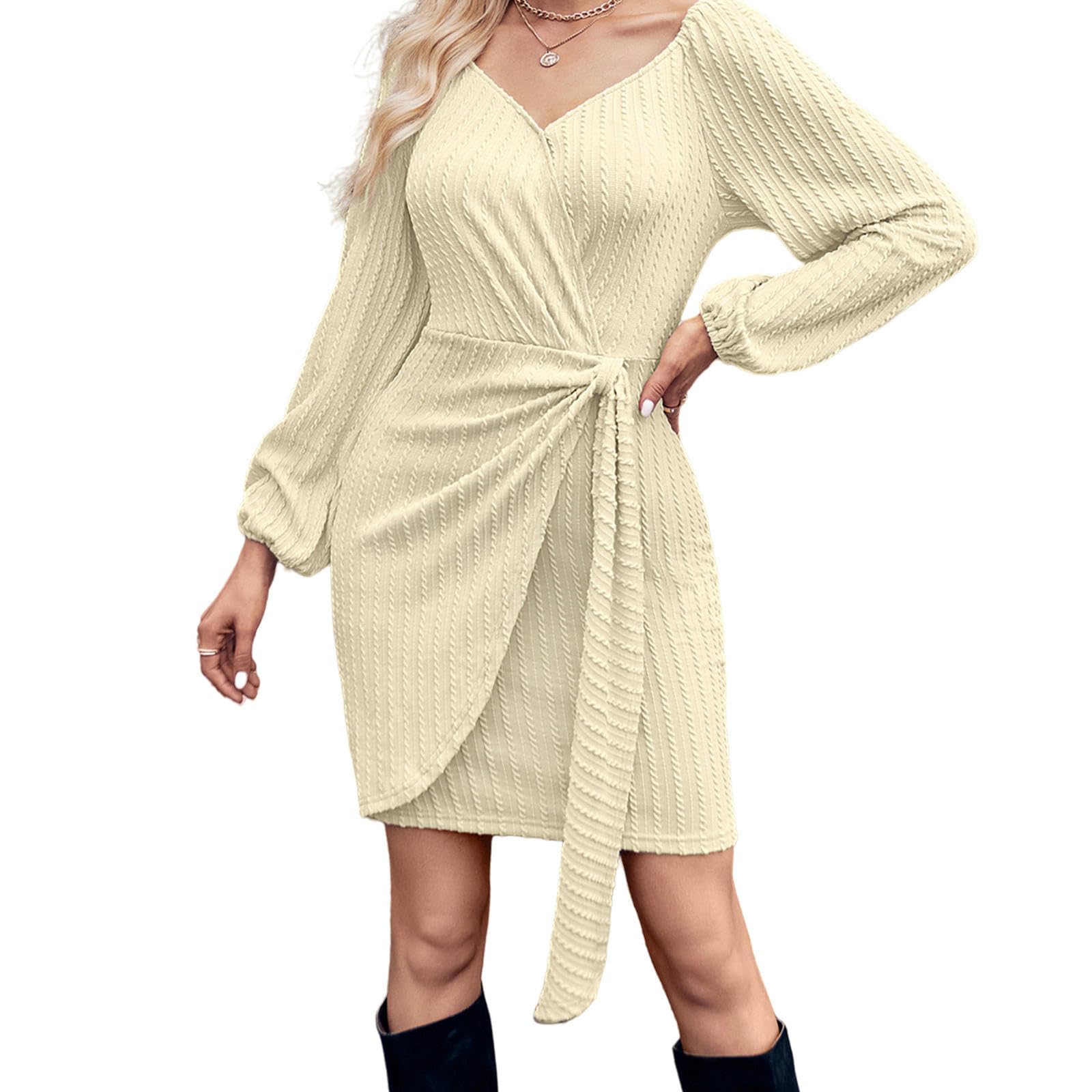 Vestito Lungo Donna Tendenza Moda Donna Autunno E Inverno, Abiti Aderenti con Scollo A V, Vita Sottile E Allacciata, Abiti Caldi, Abito Aderente, Abito in Maglia A Maniche Lunghe-Cachi-XL
