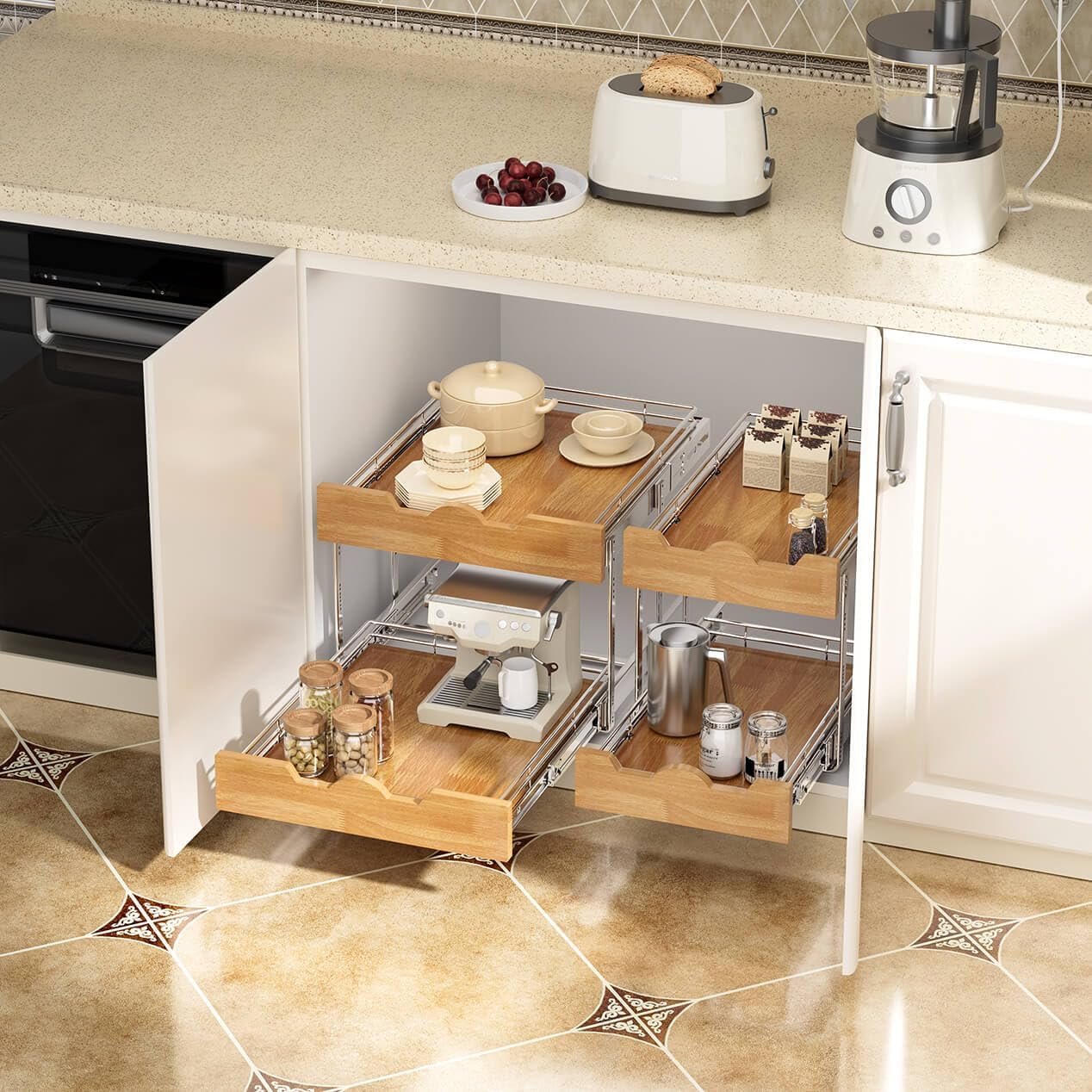 OCG Pull Out Cabinet Organizer 20" W x 21" D, 2 Tier Slide Out Shelf, Heavy-Duty Pull Out Drawer for Cabinets, Base Cabinet Organization for Kitchen, Pantry, Bathroom - Image 2