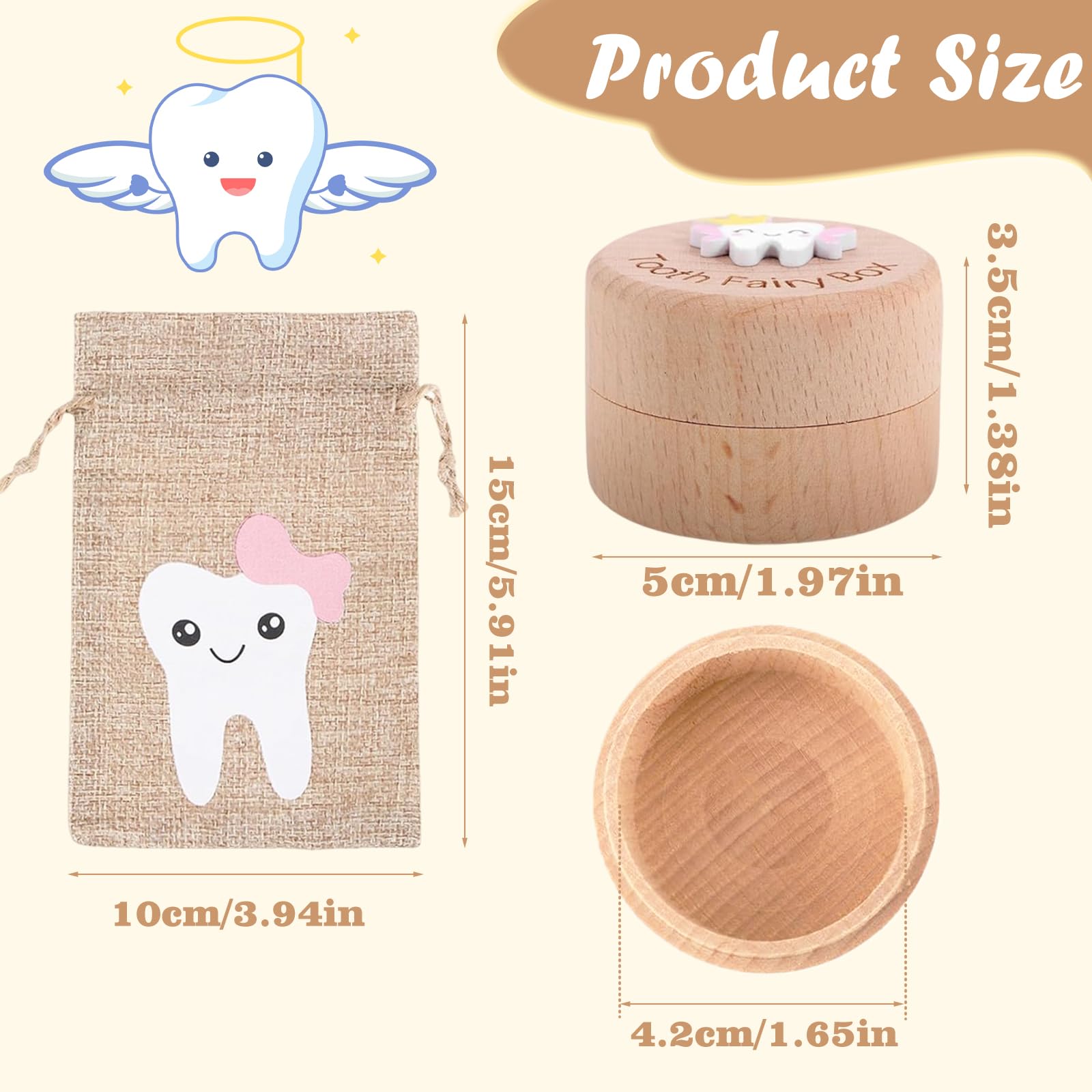 PSFYRN Wooden Tooth Fairy Storage Box with Bag for Lost Teeth - 3D Carved Personalized First Keepsake for Kids (Girl) - Image 2