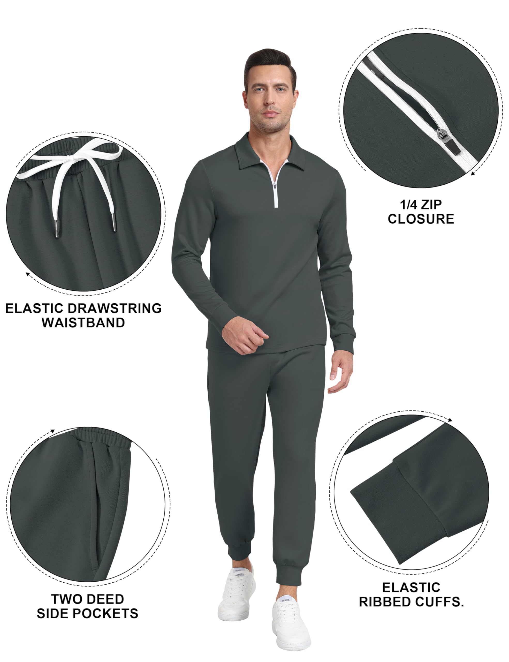 MoFiz Chándal de 2 piezas para hombre, con cremallera de 1/4, manga larga, pantalones de correr, ropa casual para hombre