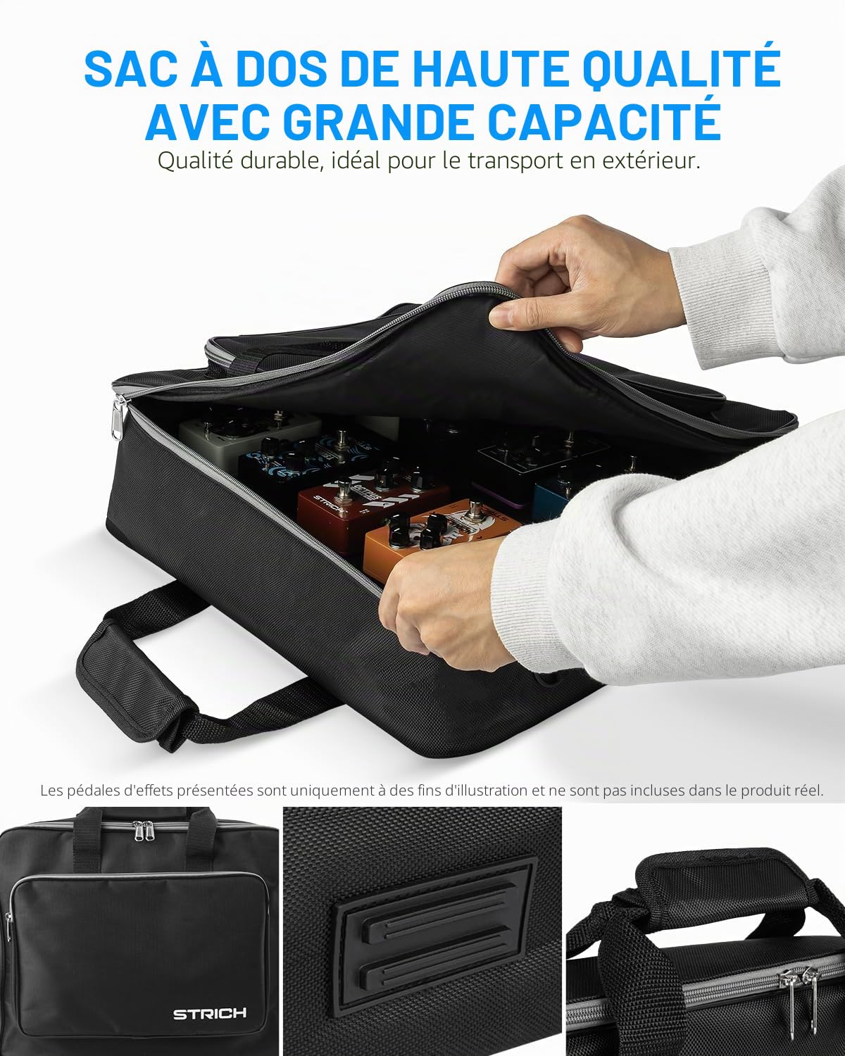 STRICH Pedalboard guitare avec alimentation intégrée – Léger et robuste – 38 x 28 cm – 985 g – Alliage d’aluminium léger – Housse incluse – Bandes auto-agrippantes – PB-S15