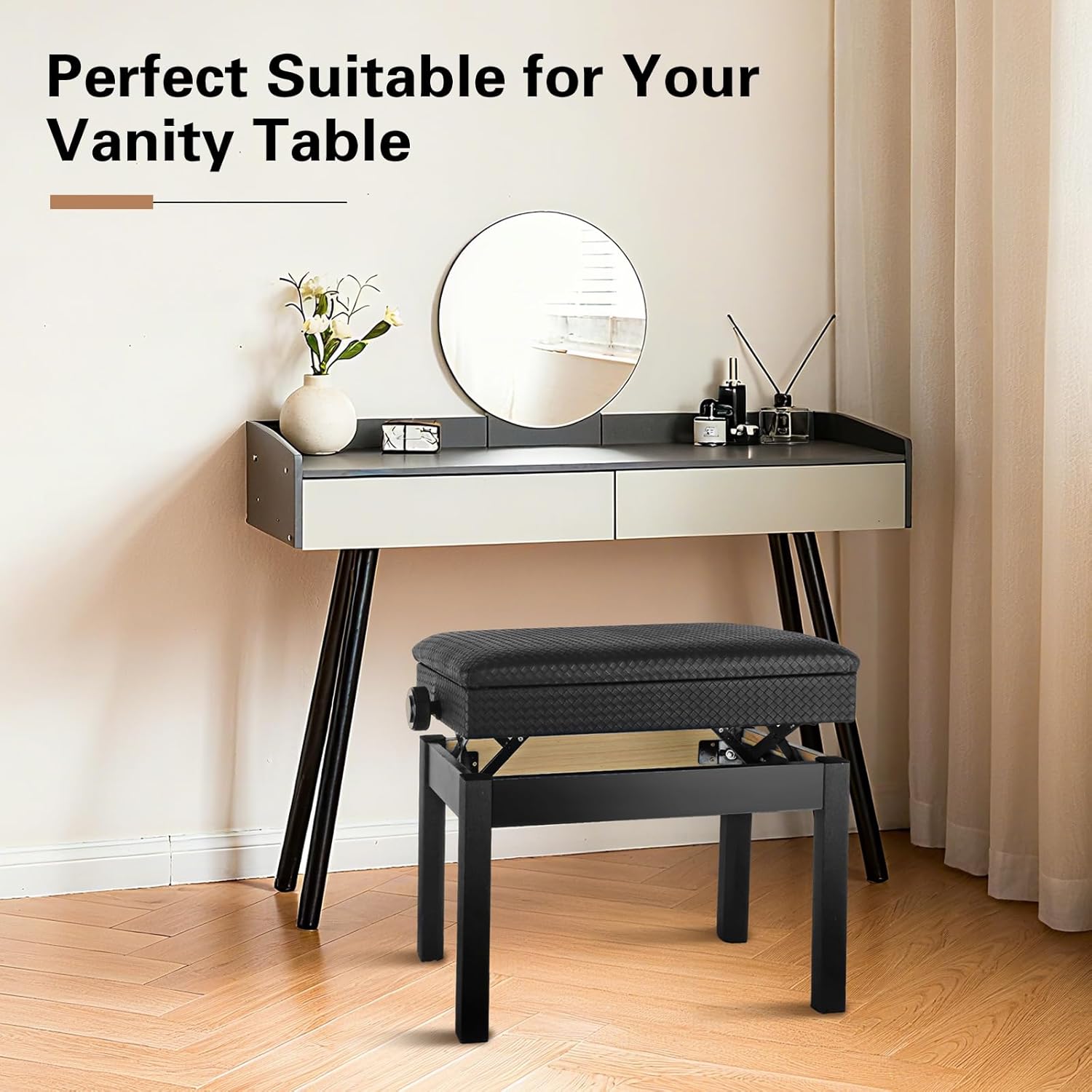 Adjustable Piano Bench with Storage, Waterproof Synthetic Leather Padded Seat, with 2.4 inch Thicken Soft Cushion, Wooden Piano Stand for Keyboards Piano Guitar, 22"x13.4"x21.6" Black