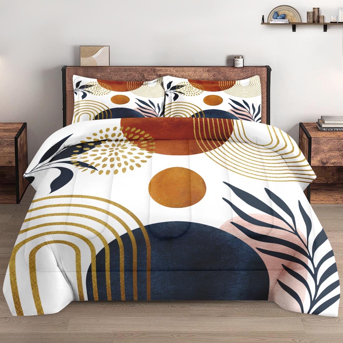 Comforter Set King  Size with 2 Pillowcases, Gold Golden Yellow Mid Century 3 Pcs Bedding Set for Kids and Adults, Sun Boho Geometric Leaf Soft Comforter Set for Bedroom Bed Decor