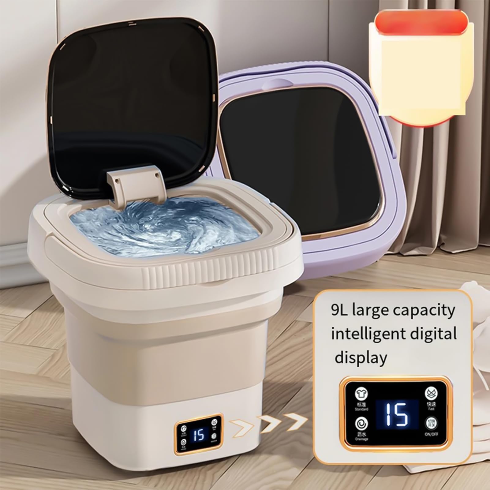 Lavadora Plegable, Lavadora Plegable de 9L de Gran Capacidad con Cubo Secador Giratorio de Ropa para Apartamento, Dormitorio, Camping, Viajes en Autocaravana(Purple)