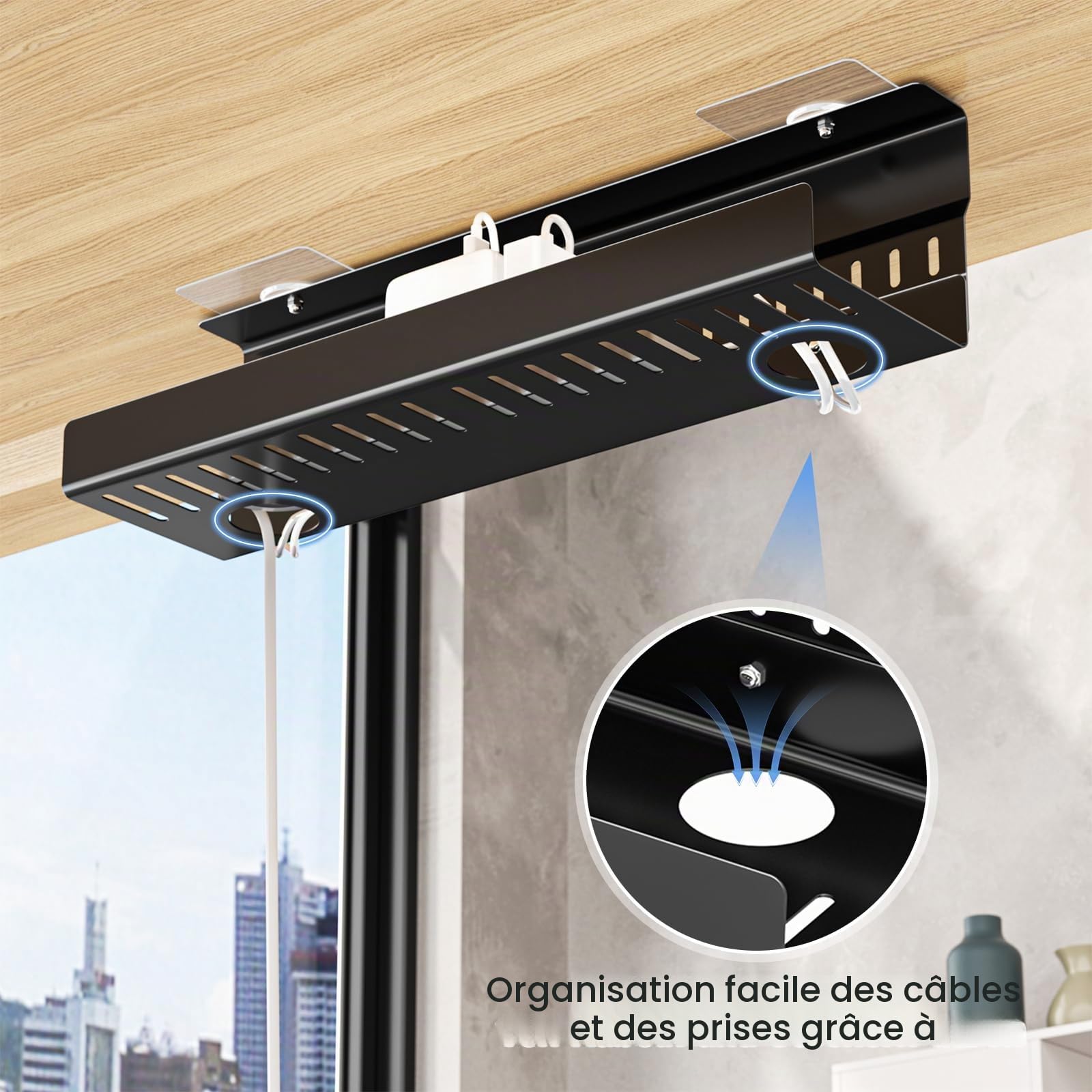 Plateau de Gestion de câbles sous la Table, Chemin de Cable Management Bureau, Rangement Cable Bureau, Support multiprise sous Bureau, Chemin de Cable Bureau, Noir