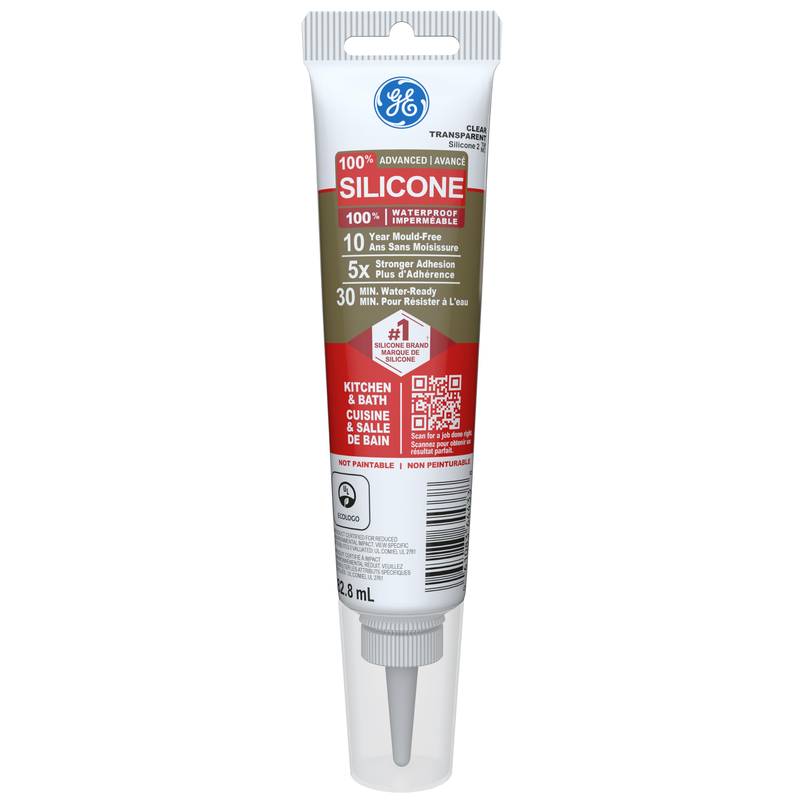 GE Advanced Silicone Kitchen & Bath Sealant, Clear, 82.8 ml Tube, Pack of 1 - 1