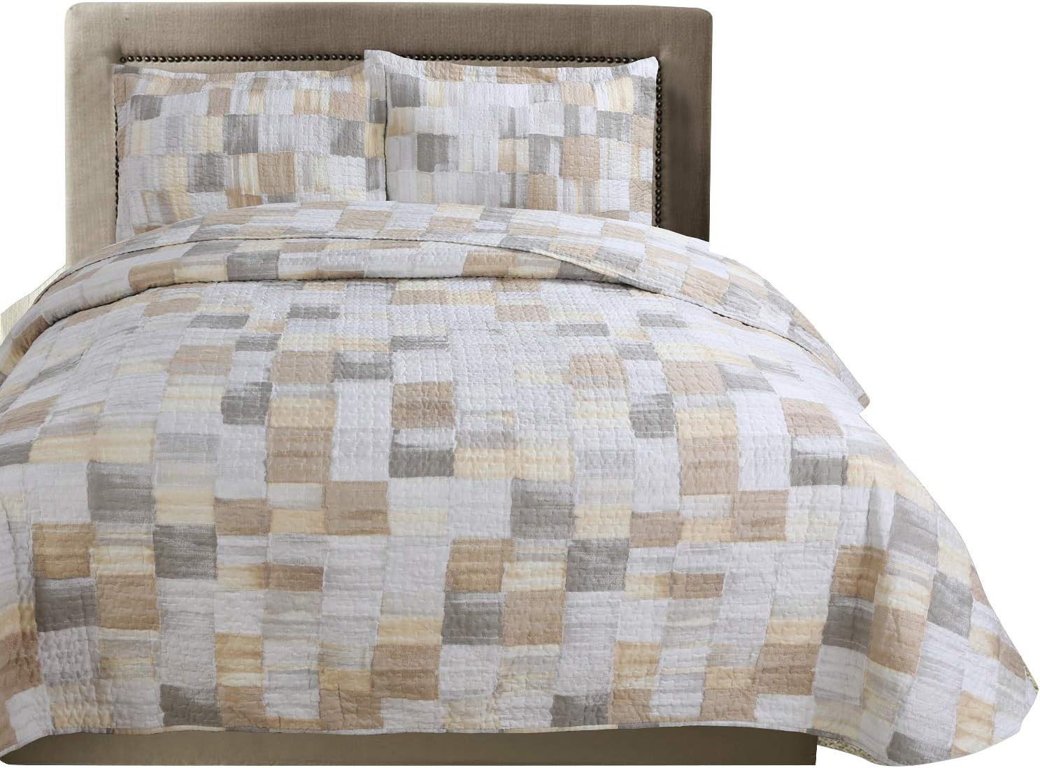 Hilin Fashion Microfiber Reversible Printing Quilt Set Queen Size with Shams,as Bedspread,Coverlet -Soft,Lightweight and Hypoallergenic (AKAR Beige, Queen)
