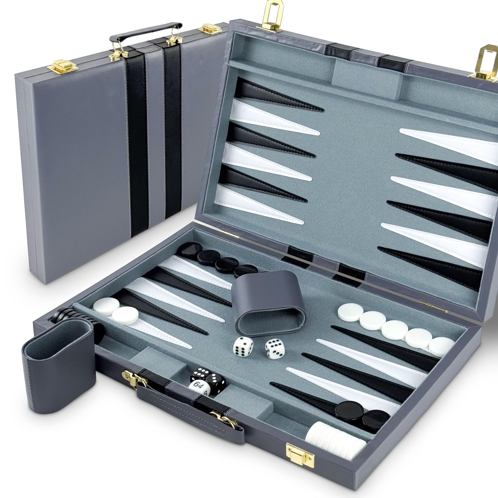 Lohofrnny Backgammon Set, 15 Klassieke Backgammon Koffer, 2 Spelers, Bordspel, Draagbare Reisstrategie Speelset voor Volwassenen en Kinderen (15 inch, grijs