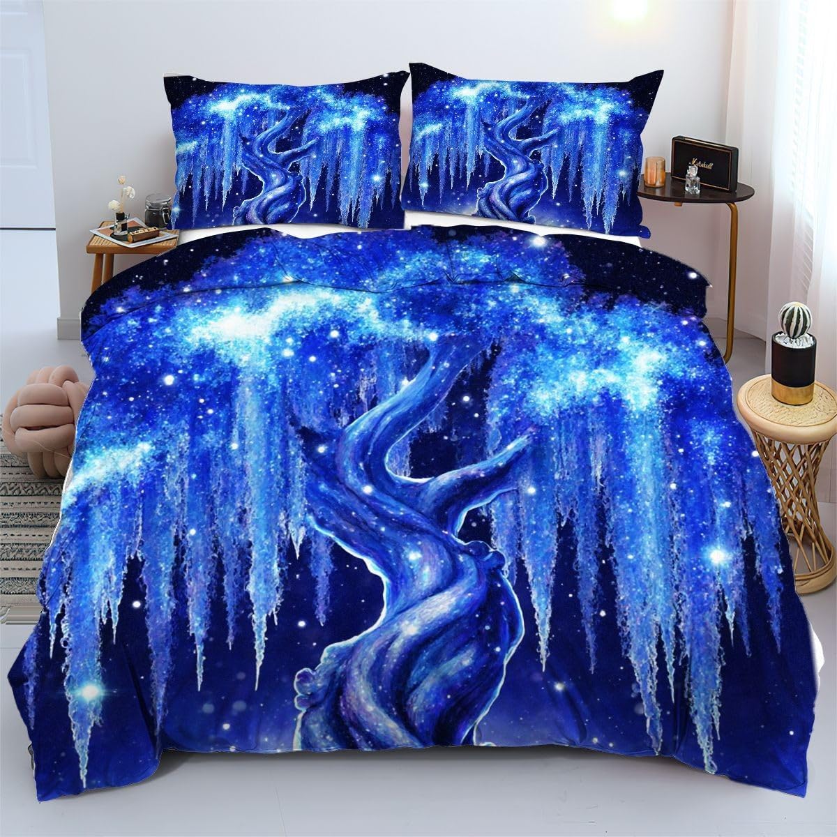 Ensemble de literie 140x200 cm arbre bleu pour lit d'enfant et ado