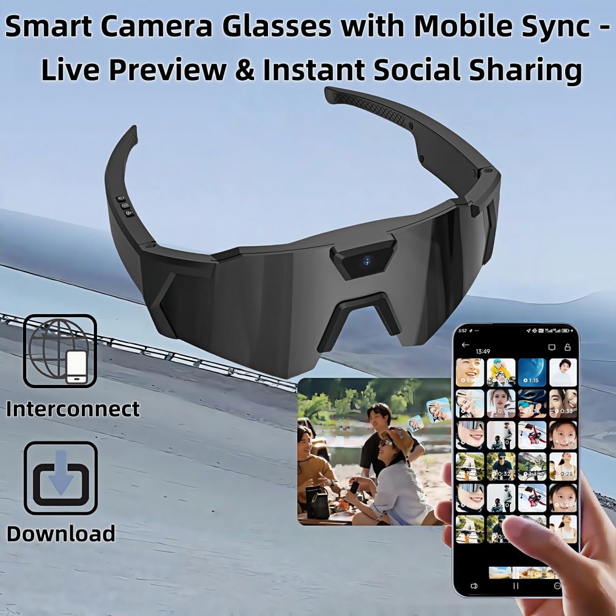 Lunettes pour caméra d'action 4K – Lunettes de soleil avec enregistrement vidéo POV avec audio, lunettes polarisées pour randonnée, cyclisme, baseball – Caméscope mains libres pour homme et femme