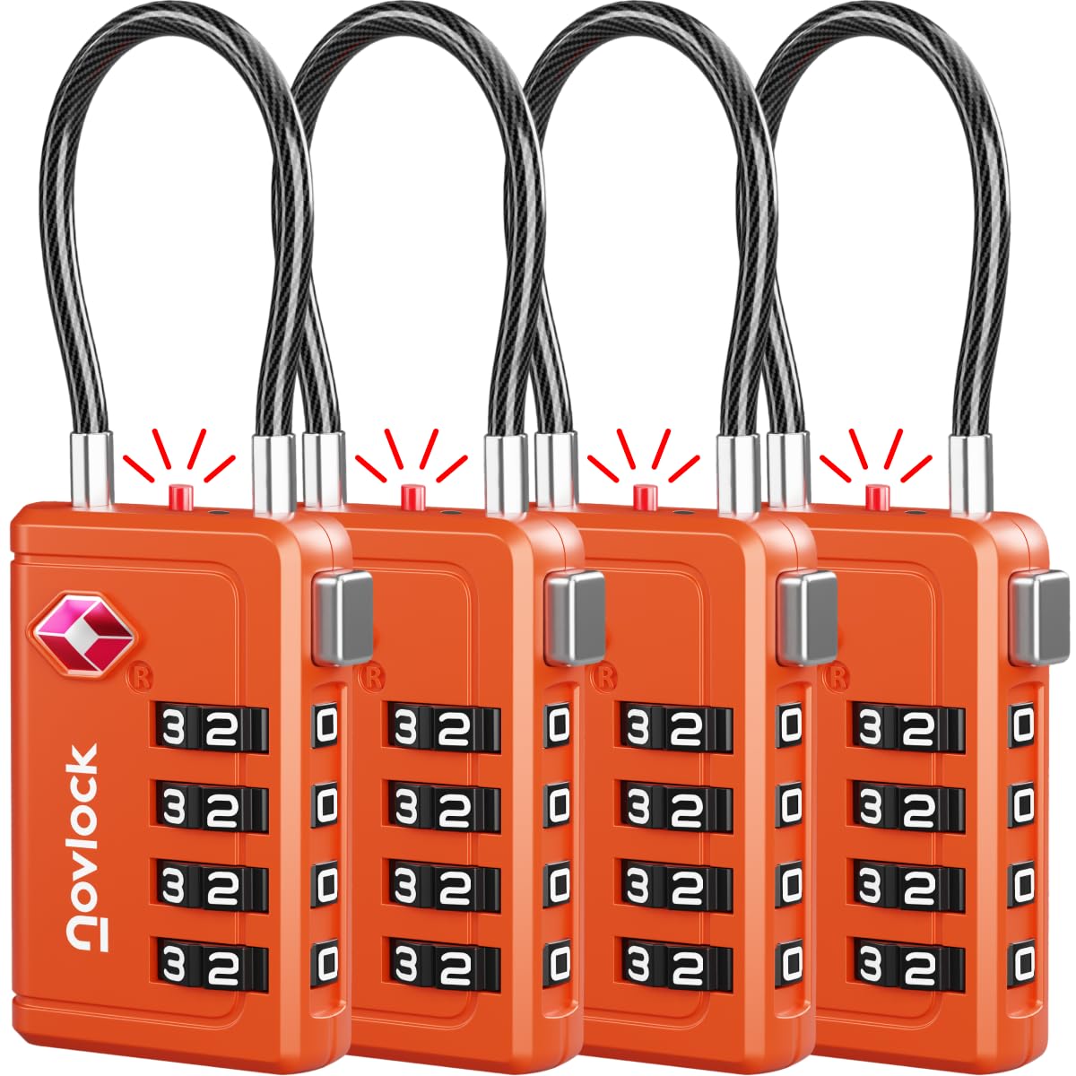 TSA Luggage Locks with Alert Indicator – 4-Digit Travel Padlocks with Flexible Cables for Suitcases, Backpacks & More – Suitcase Locks, 4-Pack, Orange