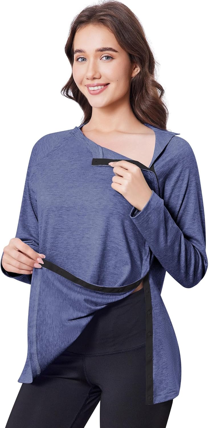 Deyeek Post Shoulder Surgery Shirts for Women Full Tear Away 2 Side Snaps After Rotator Cuff Chemo Port Adaptive Clothing