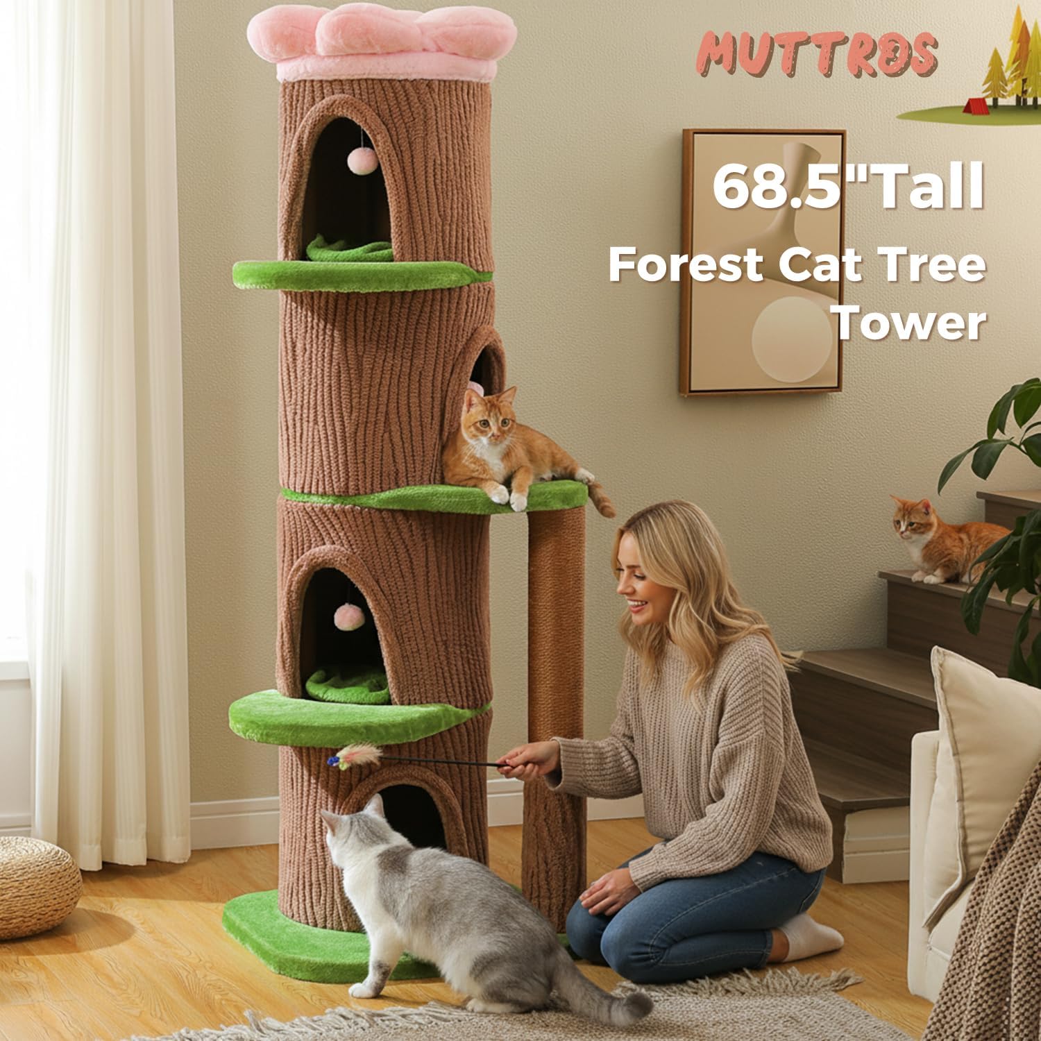 Forest Cat Tree Tower with 4 Condos, 68.5" Tall Cat Tower with Flower Top Bed & Thick Scratching Post (φ3.8in) – Large Heavy Duty Tree that Looks Like a Tree for Indoor & Multi-Cat Households