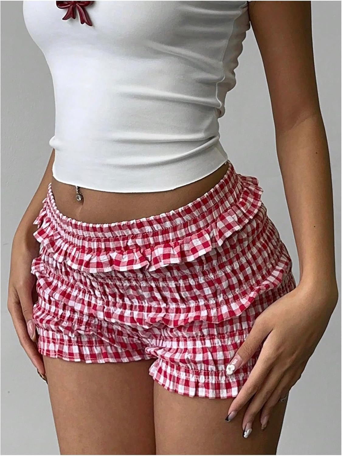 SOLY HUX Women's Plaid Ruffle Mini Shorts Gingham Elastic Cute Lounge Sleep Bottoms Low Rise Bloomer Shorts - Image 5
