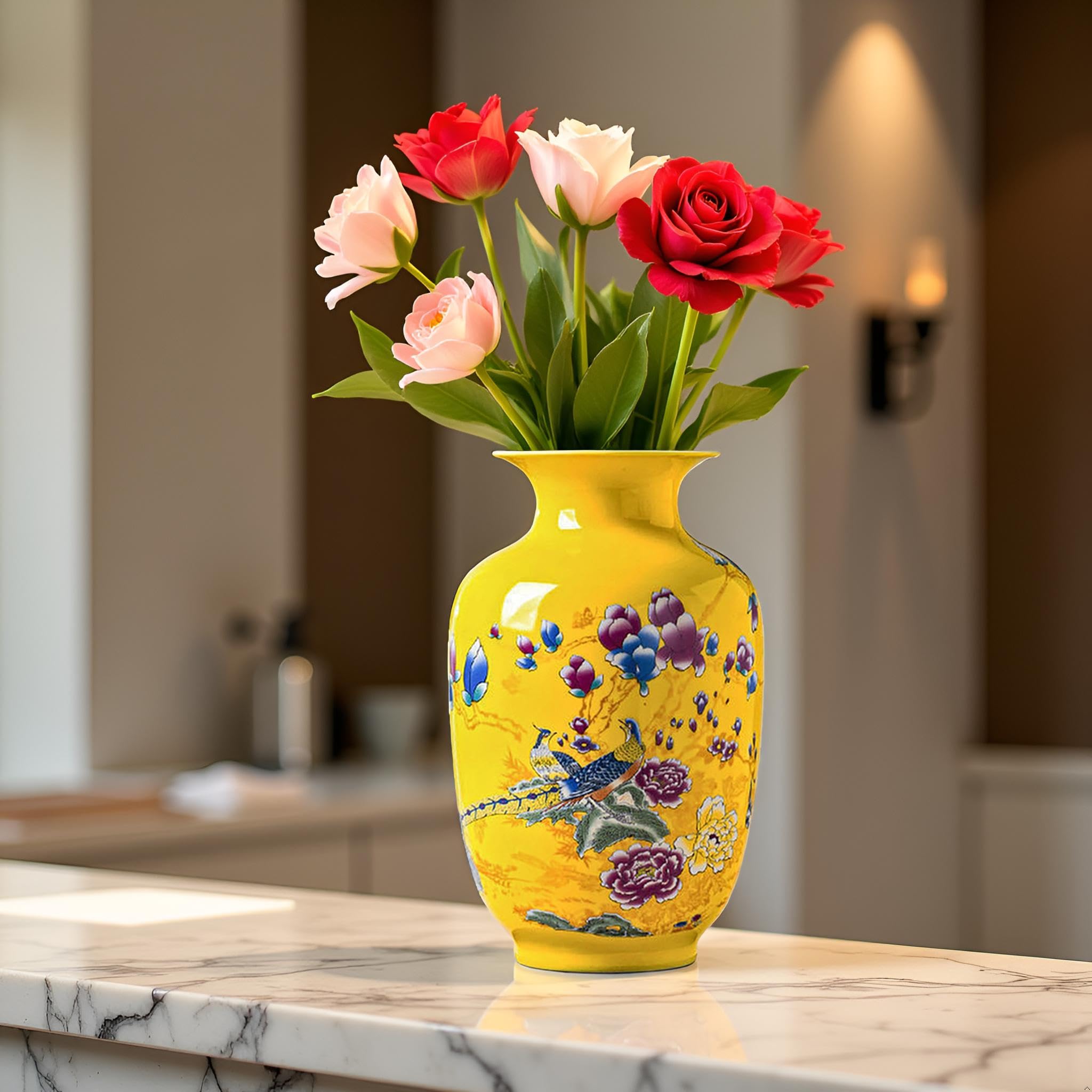 MTME Figurki porcelanowe, Jingdezhen paw dekoracyjny wazon na kwiaty, wystrój domu, prezenty ślubne, estetyczna rzeźba wystrój domu (Bażant Y)
