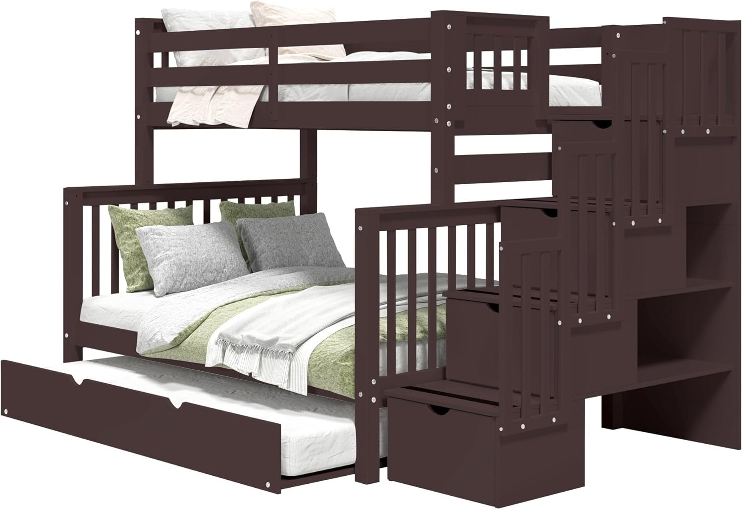 Bedz King Stairway Bunk Beds Twin Over Full, 4 Step Drawers, Twin Trundle, Dark Cherry