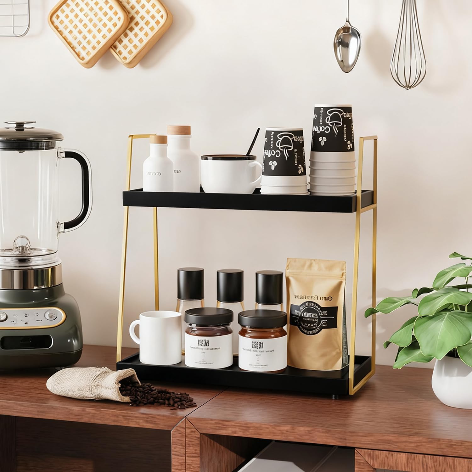 Coffee Bar Accessories, Black Gold Coffee Station Organizer for Countertop Decor, 2 Tier Large Wooden CoffeeBar Shelf for Office, Breakroom, Bathroom