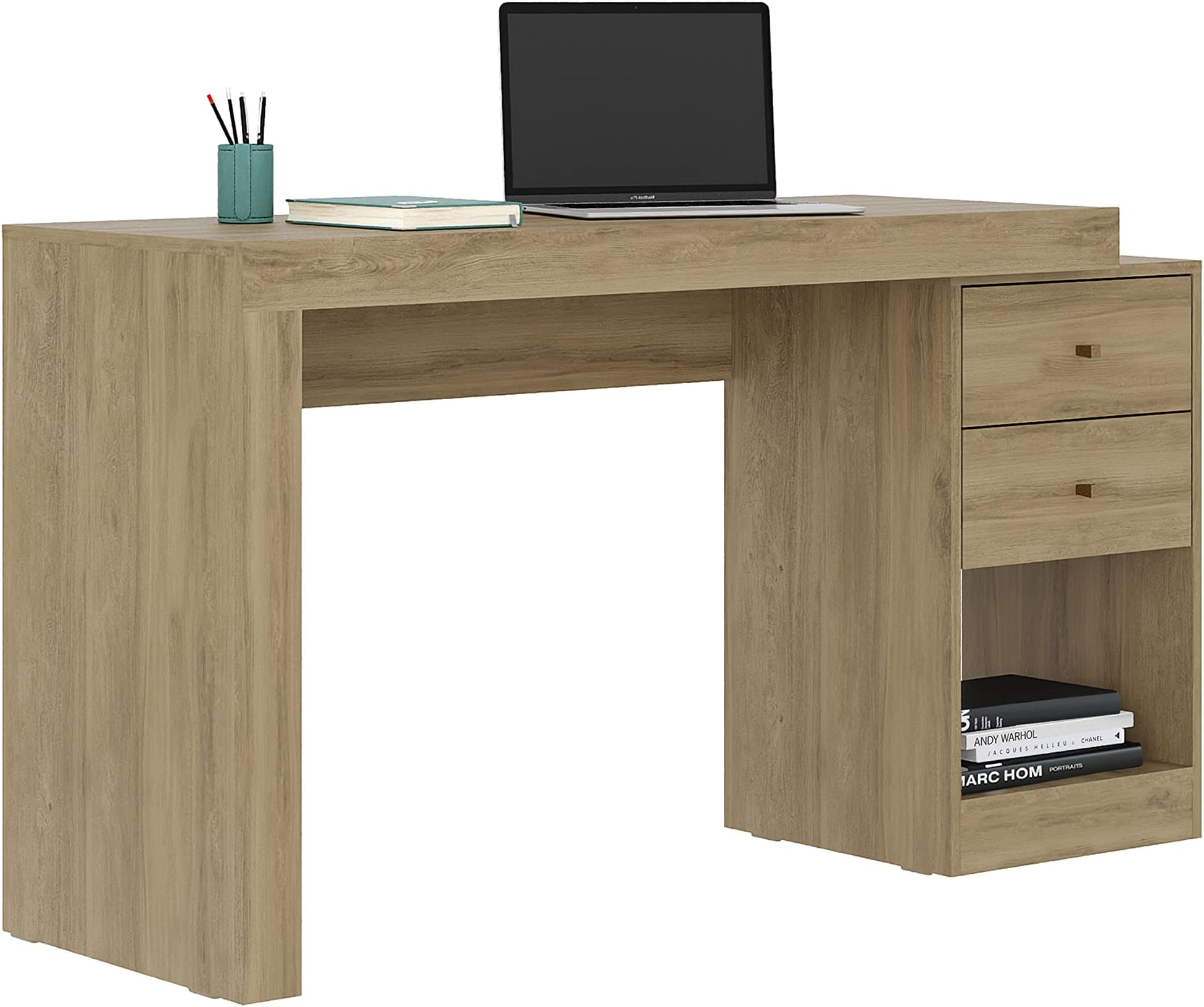 Expandable Desk with Storage Drawers & Open Shelf - Expands from 47 Inch to 57 Inch - Pine Computer Desk with Printer Space - Modern Home Office Table with Drawers - Techni Mobili Blanco Collection