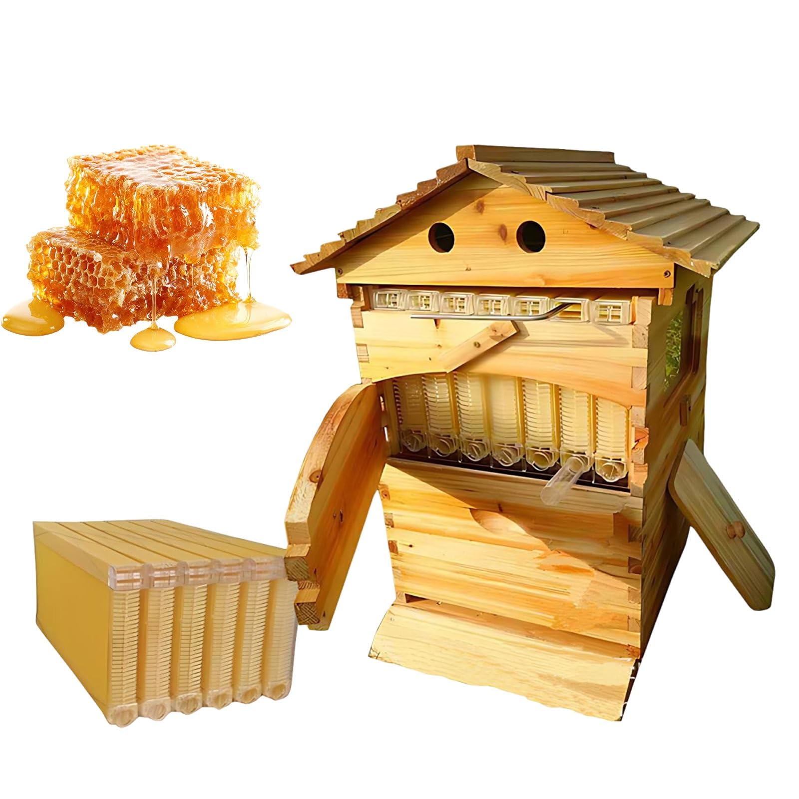 Selbstfließende Bienenbeute Bienenkasten mit Honighahn, 7 Rahmen Bienenstock, Integriertes Honigentnahmesystem, Sichtfenster, Komplettes Imker Set für Garten und Hof