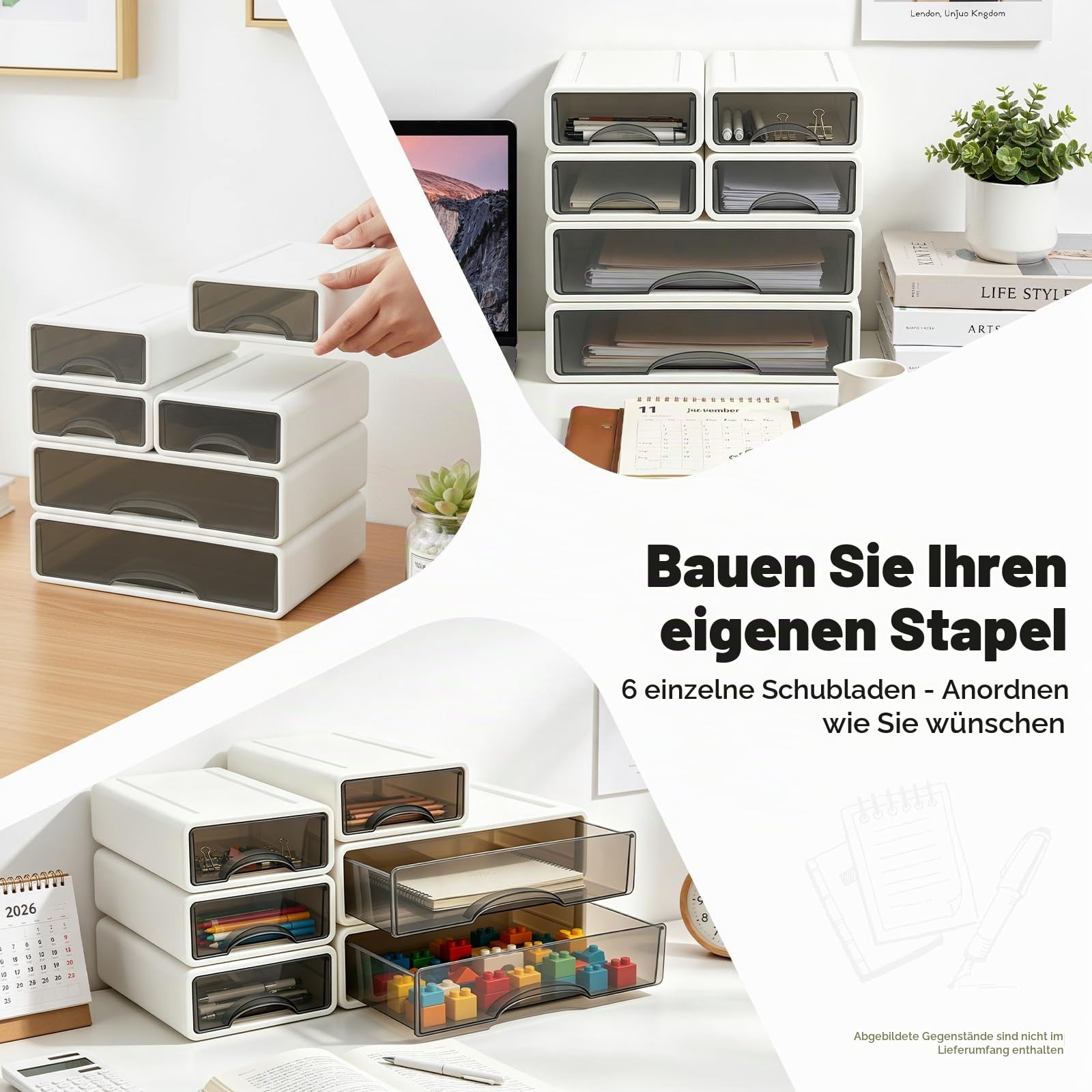 Großer Schreibtisch Organizer 34 x 25 x 33cm 6 Stück Büro Schubladenbox Frei stapelbar Aufbewahrung für Bürobedarf, Schmuck, Stifte