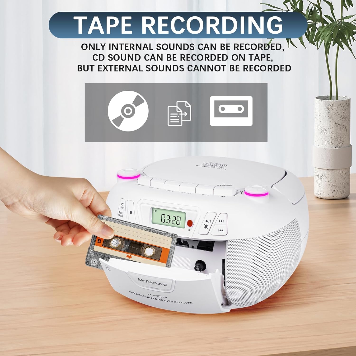 Boombox CD Player Portable Cassette Player with CD MP3 Bluetooth AUX TF/USB AM/FM Radio AC/DC Powered with Remote Control, Headphone Jack, Stereo Sound for Home,Kids,Gift(White)