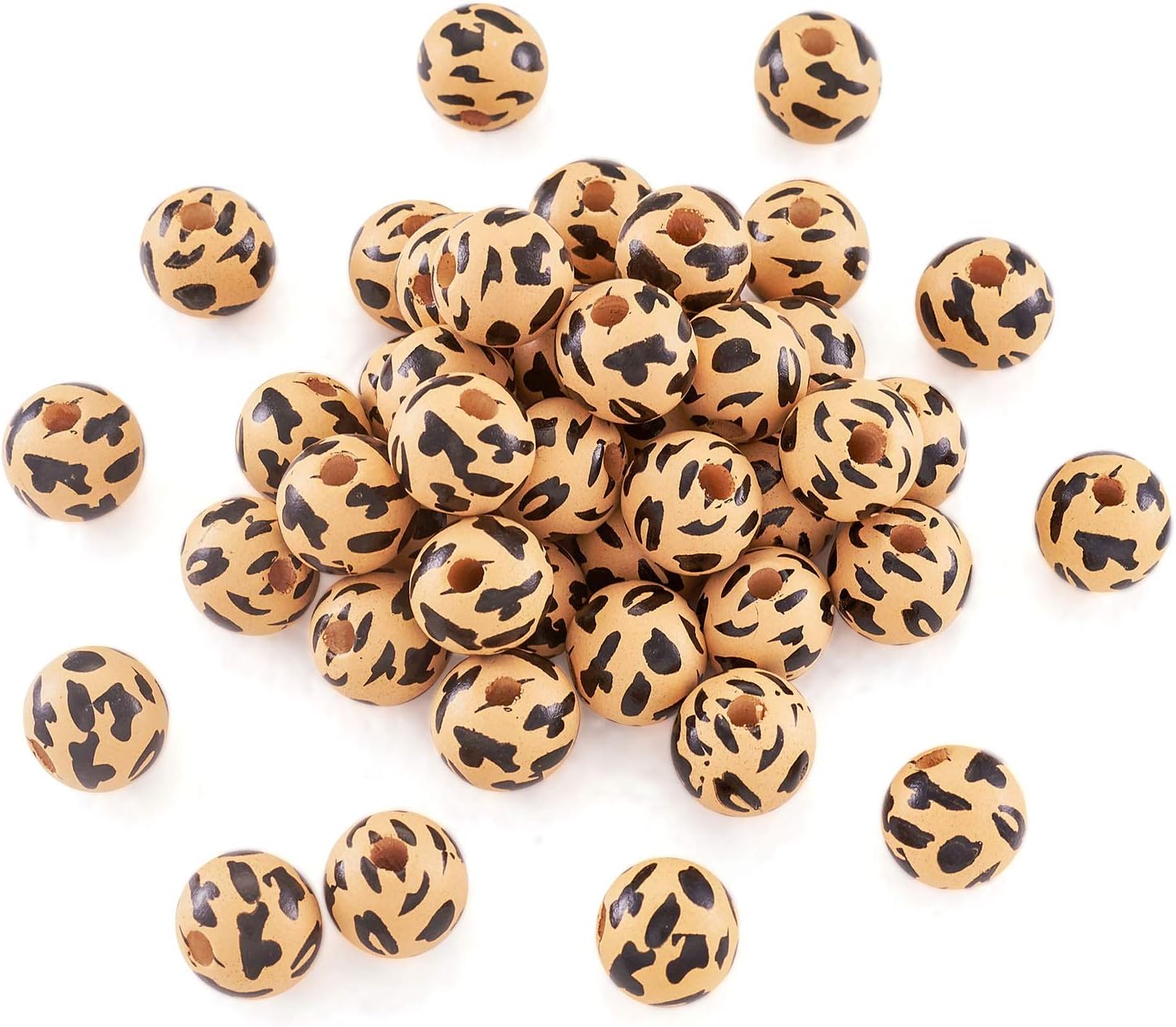 FASHEWELRY 300Pcs Printed Round Wooden Beads 14mm Leopard Print Wood Spacer Beads for DIY Bracelet Necklace Jewelry Making (Black)