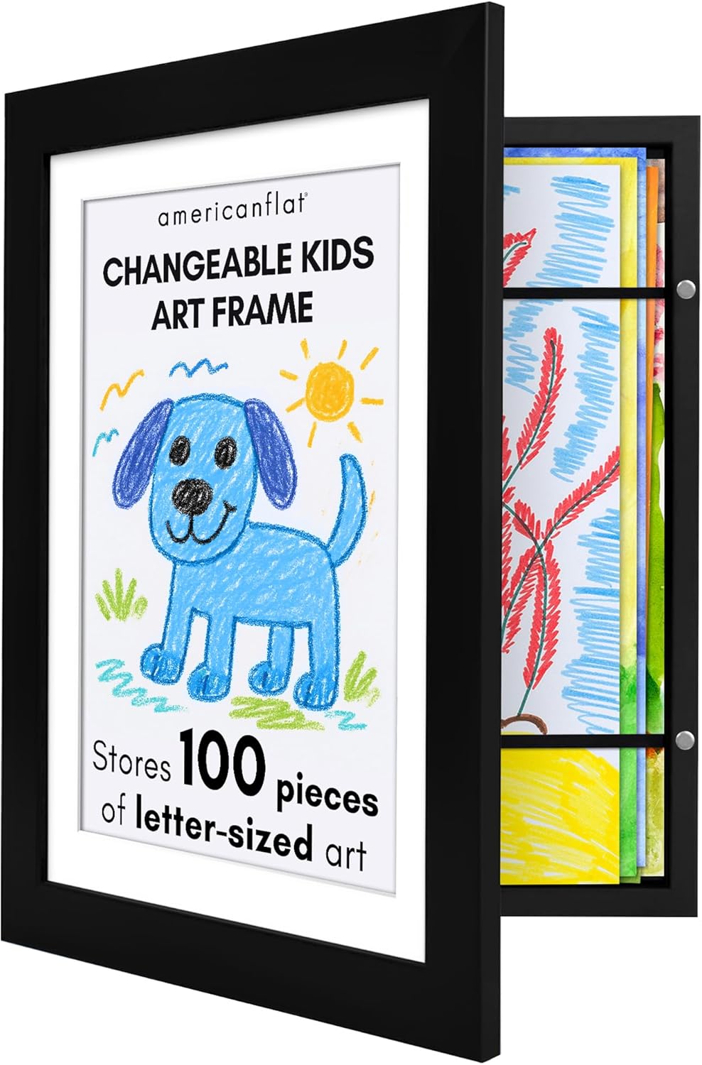 Americanflat Kids Artwork Frame Changeable (Black) - Magnetic Door Holds 100 Art Pieces - 8.5x11 Letter Size Display with Mat or 10x12.5 Without Mat - My Mini Masterpiece