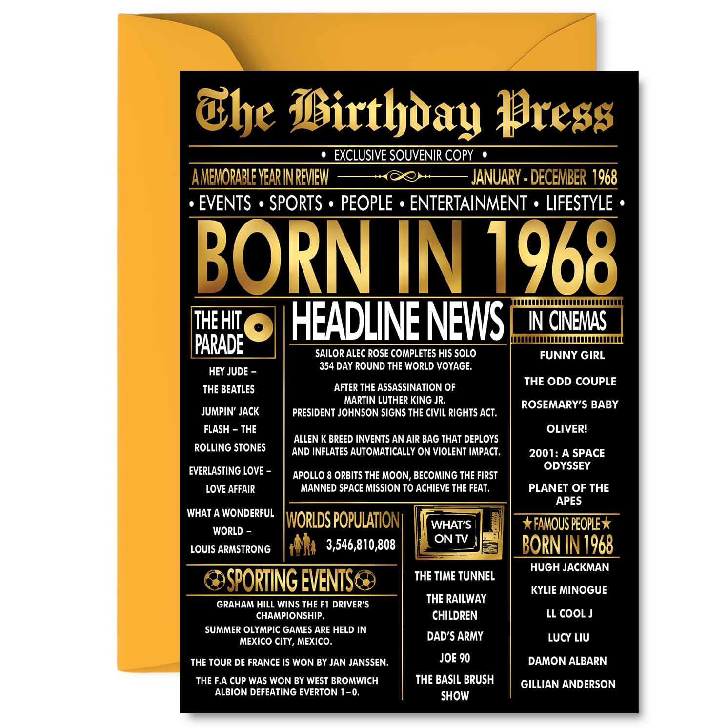 Gold 58th Birthday Card for Men Women - Black & Golden Newspaper Born in 1968 - Happy 58 Birthday Cards for Uncle Dad Auntie Nan Colleague Wife, 5x7 Inch Bday Greeting Cards